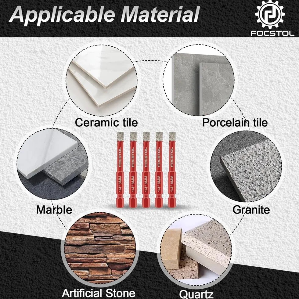 FOCSTOL Secco Punte Trapano Diamantate 5 pezzi 6mm Kit Sega a Tazza Diamantata con Attacco Esagonale per Gres Porcellanato