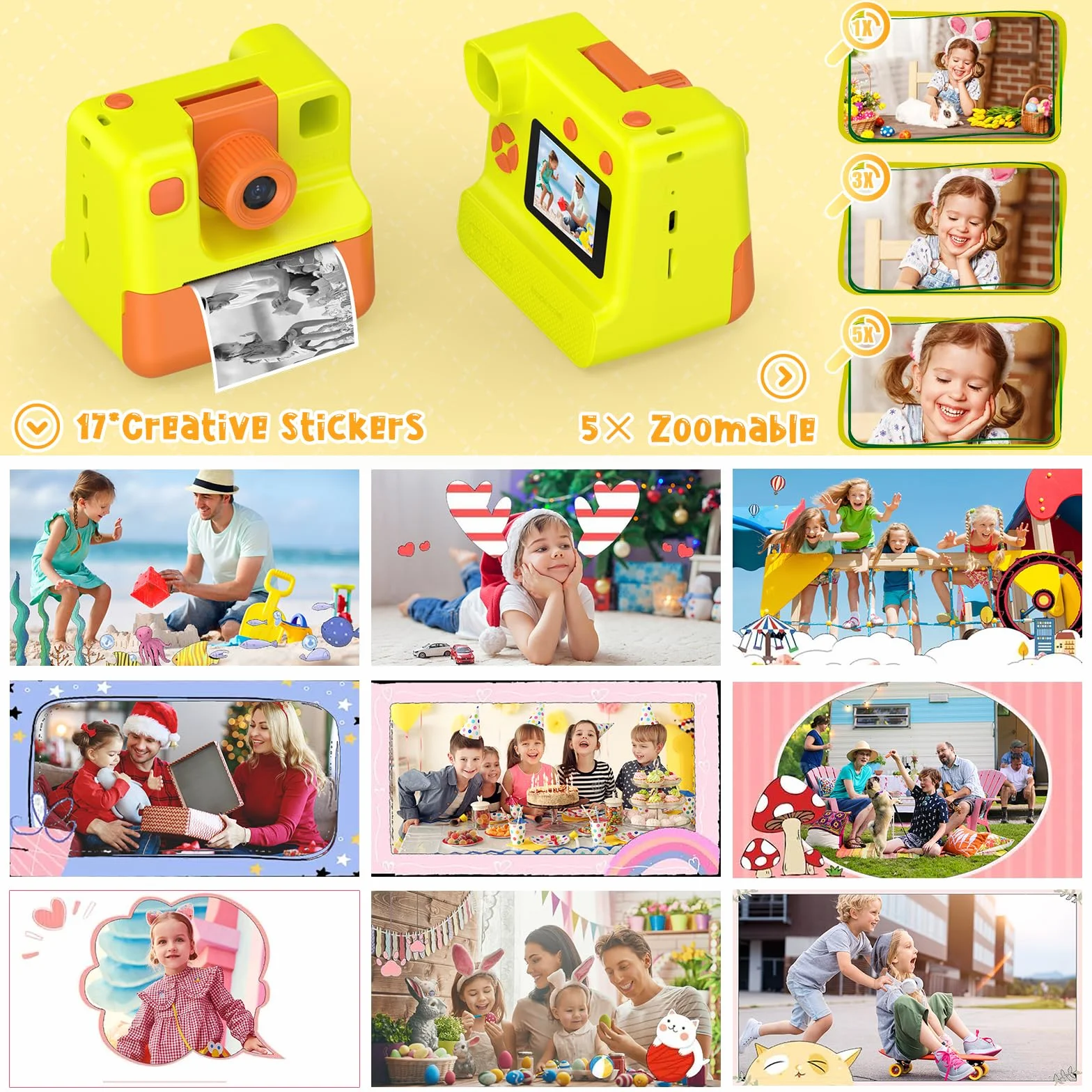 Macchina Fotografica Bambini Istantanea, 1080P Digitale Fotocamera Istantanea Bambini, Regalo per Bambini dai 3-12 Anni, 32GB Scheda SD, 5 Penne Colorate (giallo)