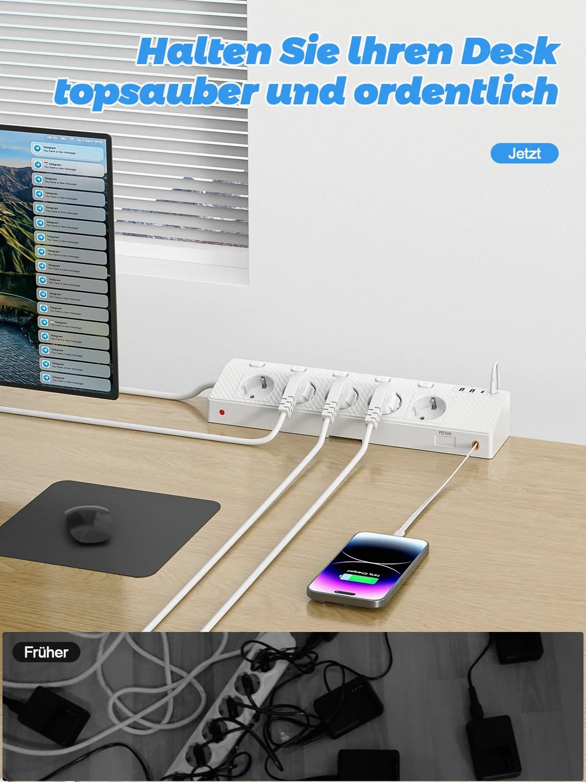 Ciabatta elettrica da tavolo con morsetto USB PD 30 W, 5 prese, multipresa da scrivania con protezione da sovratensione e commutabile singolarmente, presa angolare 10 in 1 con cavo da 3 m, bianco