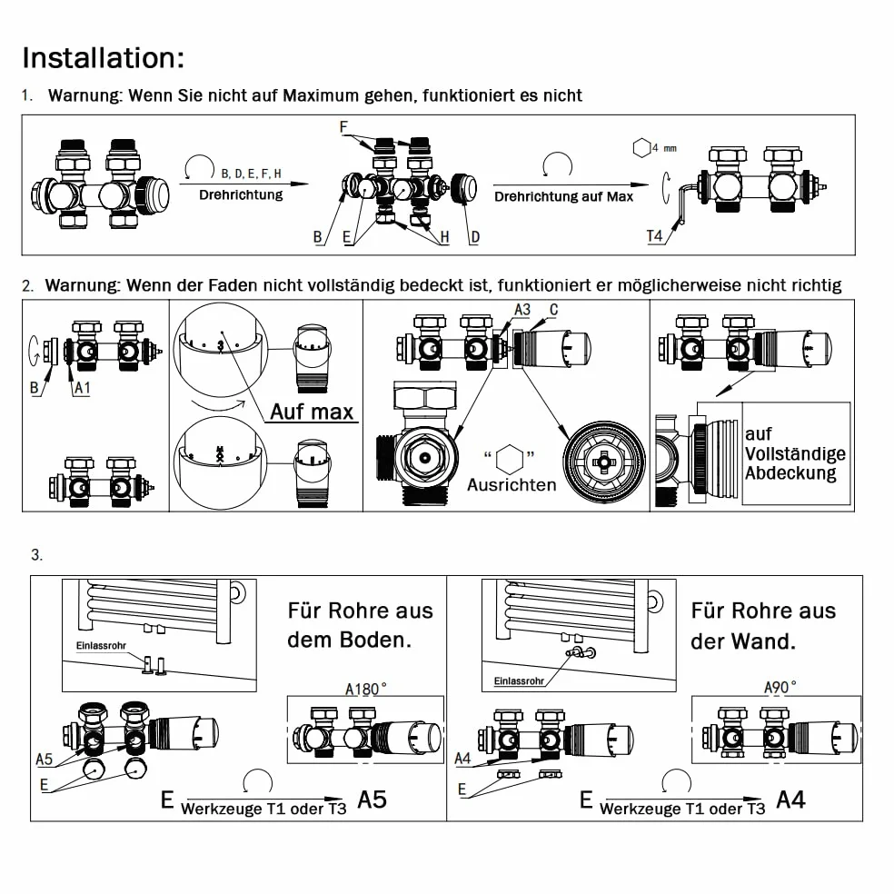 Set di radiatori multiblocco, valvola con termostato, forma angolare e forma passante, raccordi per valvola, attacco centrale, regolatore termostatico per termosifoni da bagno G 1/2" o G 3/4", 15