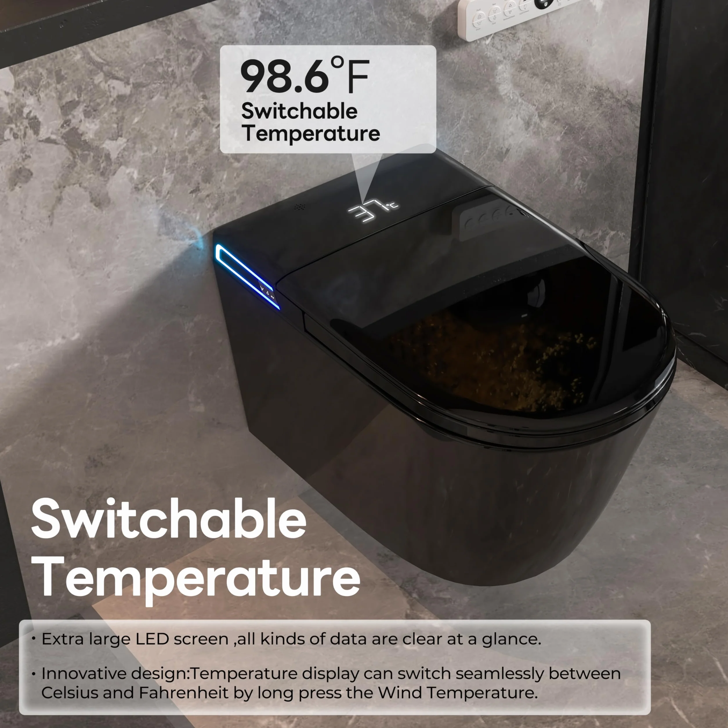Smart WC nero da appendere alla parete, scarico automatico, coperchio con apertura e chiusura automatica, sedile riscaldato, acqua calda/asciugatrice, moderno bidet allungato con supporto a