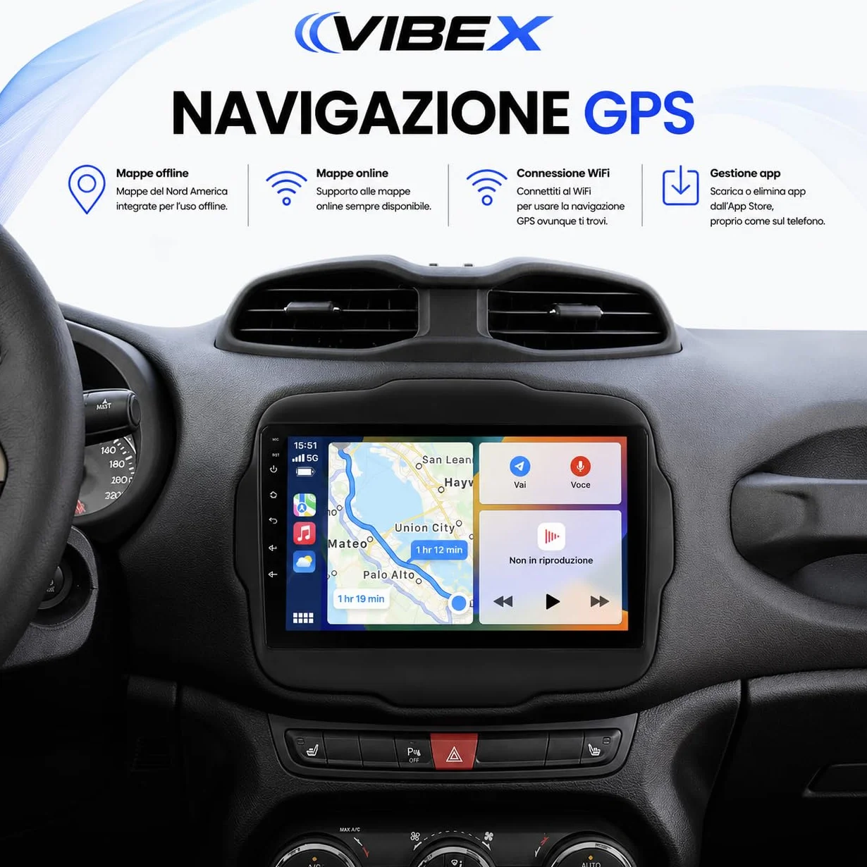 VIBEX Autoradio 9" Android per Jeep Renegade 2014 2015 2016 2017 2018 2019 2020, Wireless Apple CarPlay Android Auto, Navigazione GPS, Bluetooth, WiFi, Schermo Touchscreen, Supporto Retrocamera
