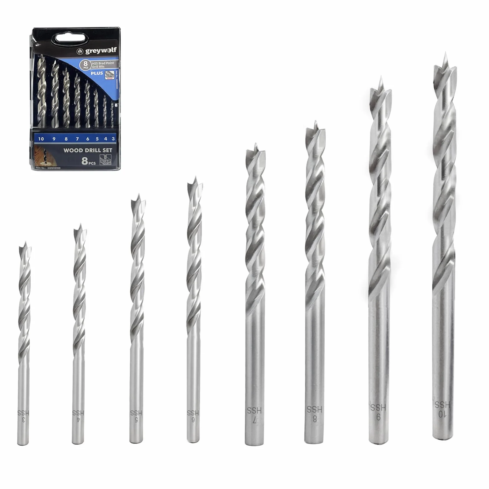 Set di 8 punte per legno Brad Point HSS, doppia fessura, scatola robusta, 3-10mm