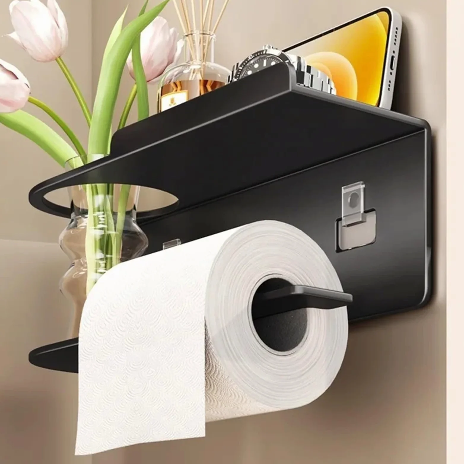 Portarotolo WC adesivo con mensola Porta carta igienica a parete | Con dispenser for rotoli e ripiano portaoggetti: organizer salvaspazio for il bagno di casa(Grey-B)