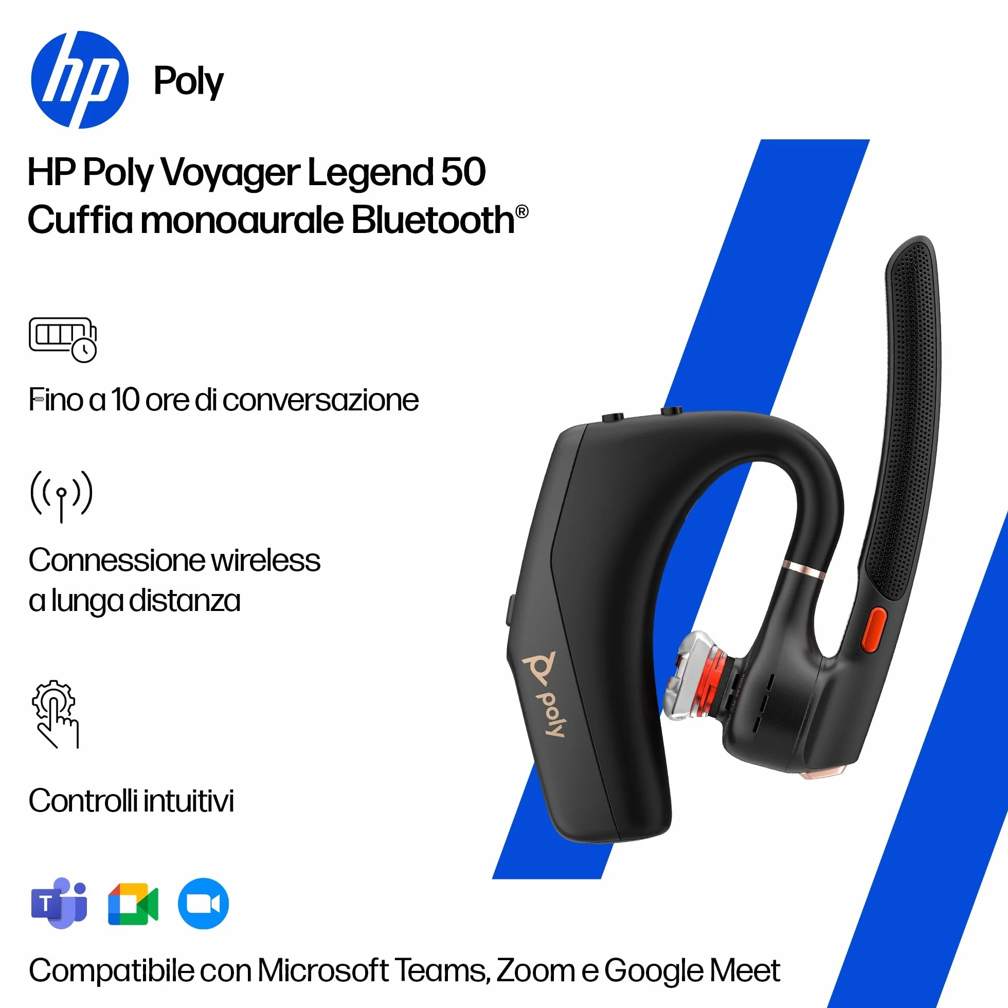 Poly Voyager Legend 50 Headset AV4N9AA con microfoni a cancellazione del rumore, tecnologia WindSmart e design ergonomico