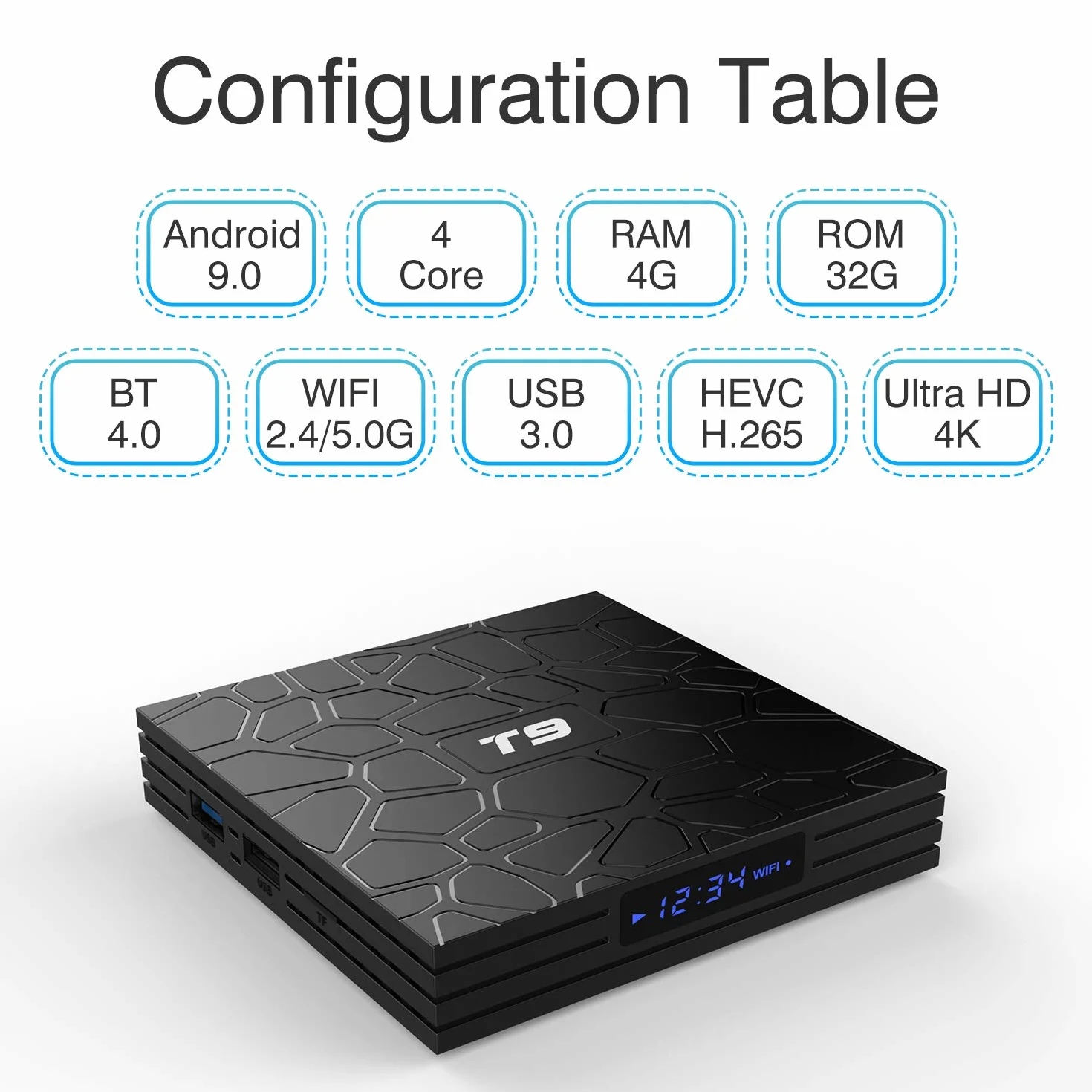 Android 9.0 TV Box, T9 Android Box 4GB RAM 32GB ROM RK3318 Quad Core 2.4GHz/5.0Ghz WiFi Bluetooth4.0 H.265 3D Ultra HD 4K TV Box