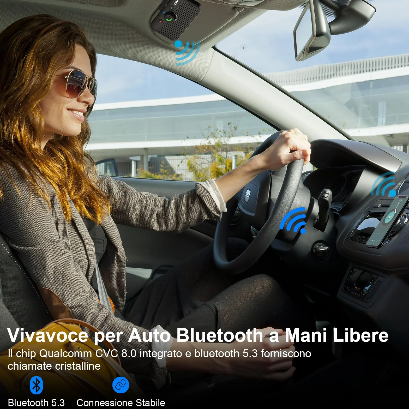 1Mii Kit Vivavoce per Auto Bluetooth 5.3 con Siri Assistente Comandi Vocali di Google Altoparlante, per Chiamate Viva Voce, GPS, Connessione Automatica, Altoparlante da 3W, Connettività Dual Link