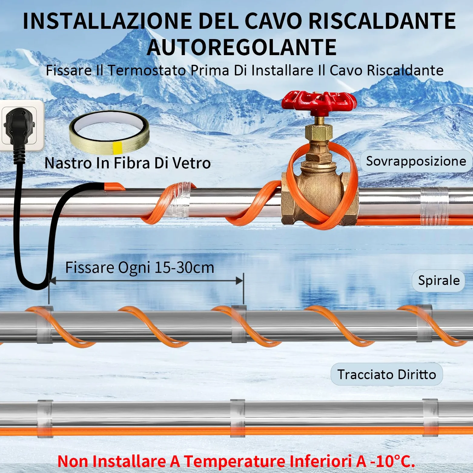Cavo Riscaldante con Termostato, 8m Cavo Riscaldante 25 W/m Autorregolante Serpentina Riscaldante con Termostato IPX7 Impermeabile Cavo Scaldante per Tubazioni Piante Grondaie Protezione Antigel