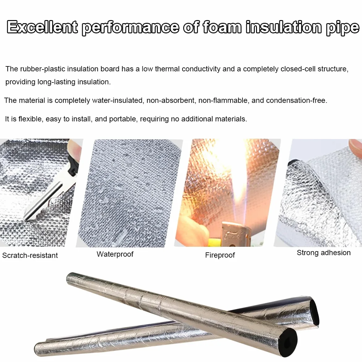 Tubo isolante autoadesivo per tubi da 1,9 cm a 10,2 cm ID involucro in schiuma impermeabile, copertura per tubi in alluminio (ID 1-1/2 ″xT 1-1/5 ″)