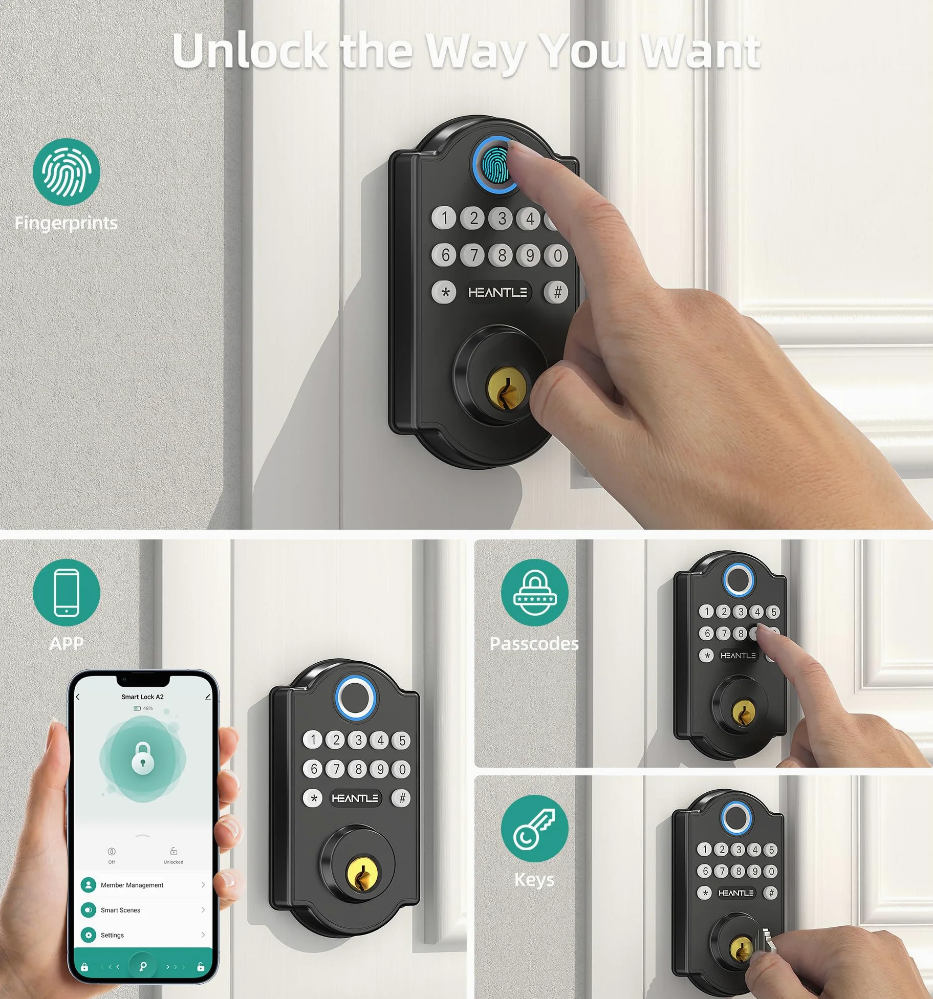 Set di serrature smart WiFi: HEANTLE Keyless Entry Serratura per porta d'ingresso, tastiera digitale elettronica con impronte digitali, chiavistello con maniglie, app telecomando, Alexa Voice