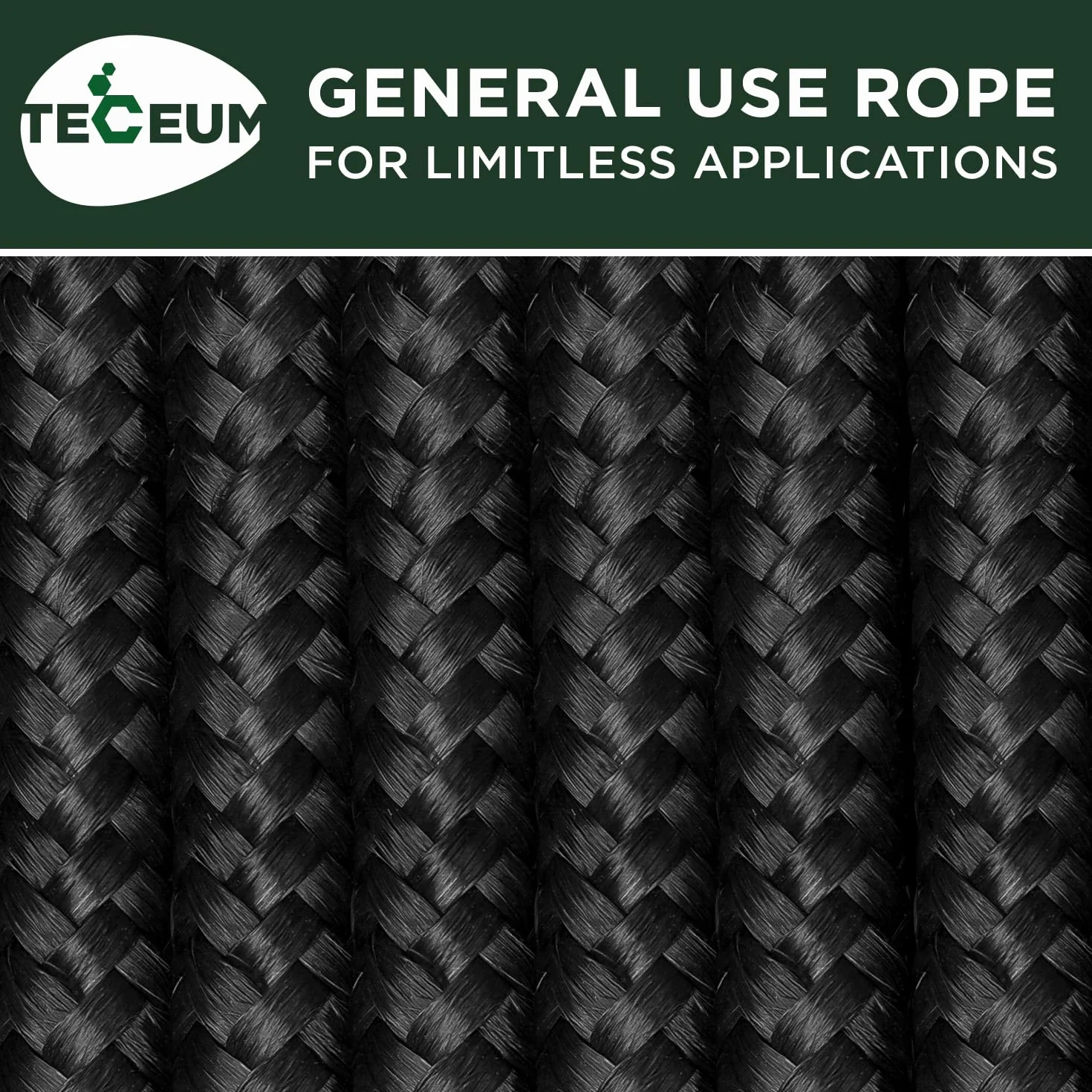 TECEUM Corda– 7mm & 10mm – 27,5M | 45M – Multiuso Resistente – Campeggio, Artigianato, Uso Interno ed Esterno – Corda Leggera Intrecciata a Diamante in Polipropilene e Nylon – Nero (Black)