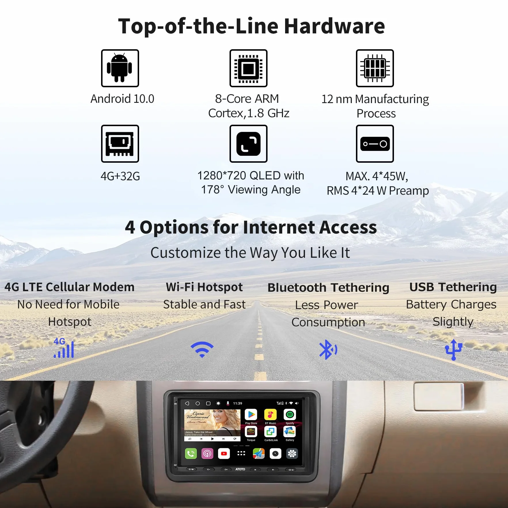 ATOTO S8VW07A4MS 7Pollici Android Autoradio 2 DIN Compatibile con VW Volkswagen/Golf/Polo/Tiguan, Carplay senza fili e Android Auto,Tracciamento GPS, 2 Bluetooth, 4G integrato,4G+32G, per Globale