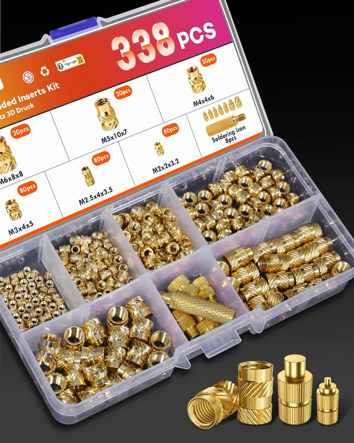 338 inserti filettati con stampa 3D, M2 M2.5 M3 M4 M5 M6, filettatura a fusione con saldatore, set di dadi in ottone, zigrinati con stampa 3D