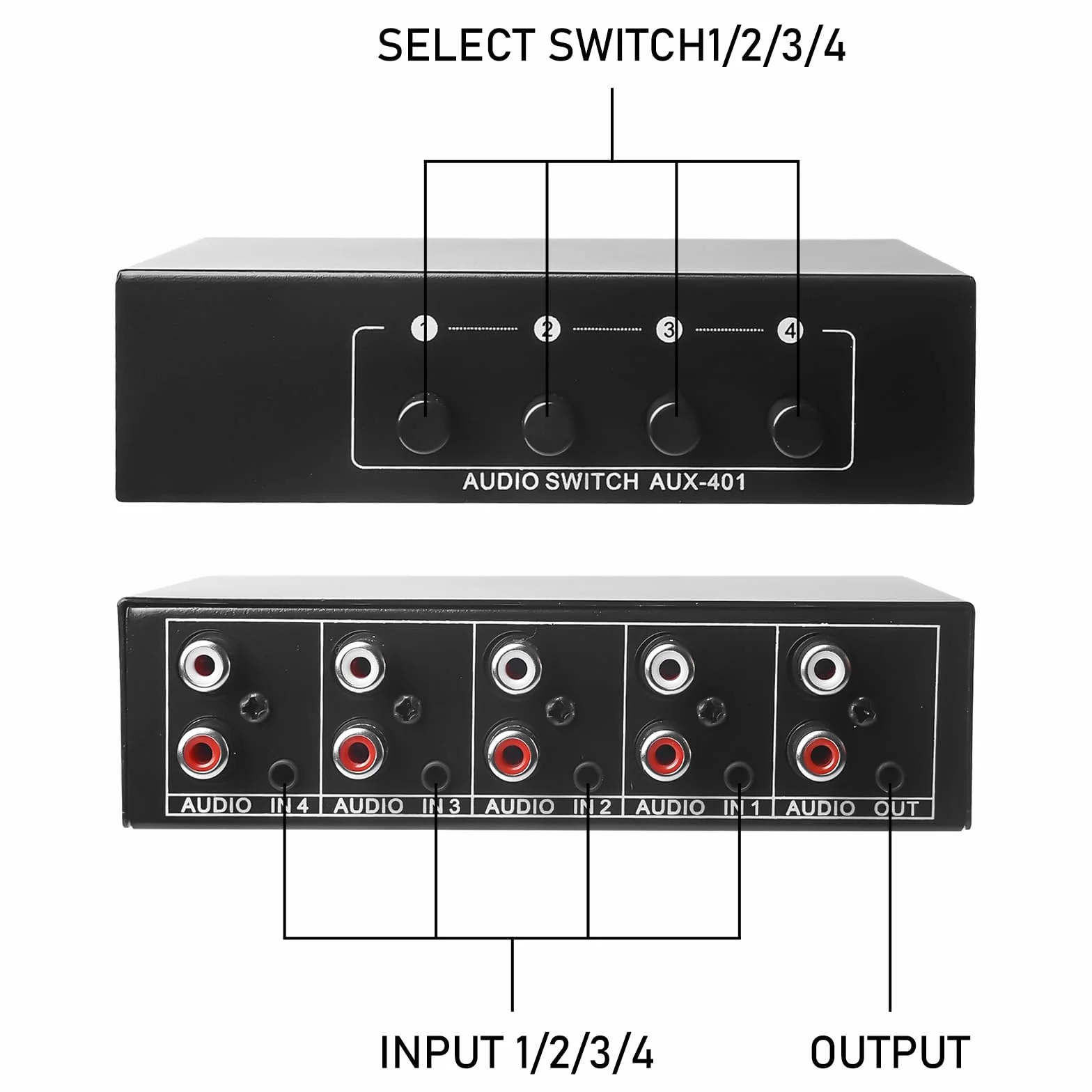 Aicharynic Interruttore Audio 4 in 1 out, Commutatore Audio 3,5 Mm Aux + RCA L/R, Interruttore Audio Bidirezionale, Scatola di Selezione Audio, Splitter Audio Video per Cuffie