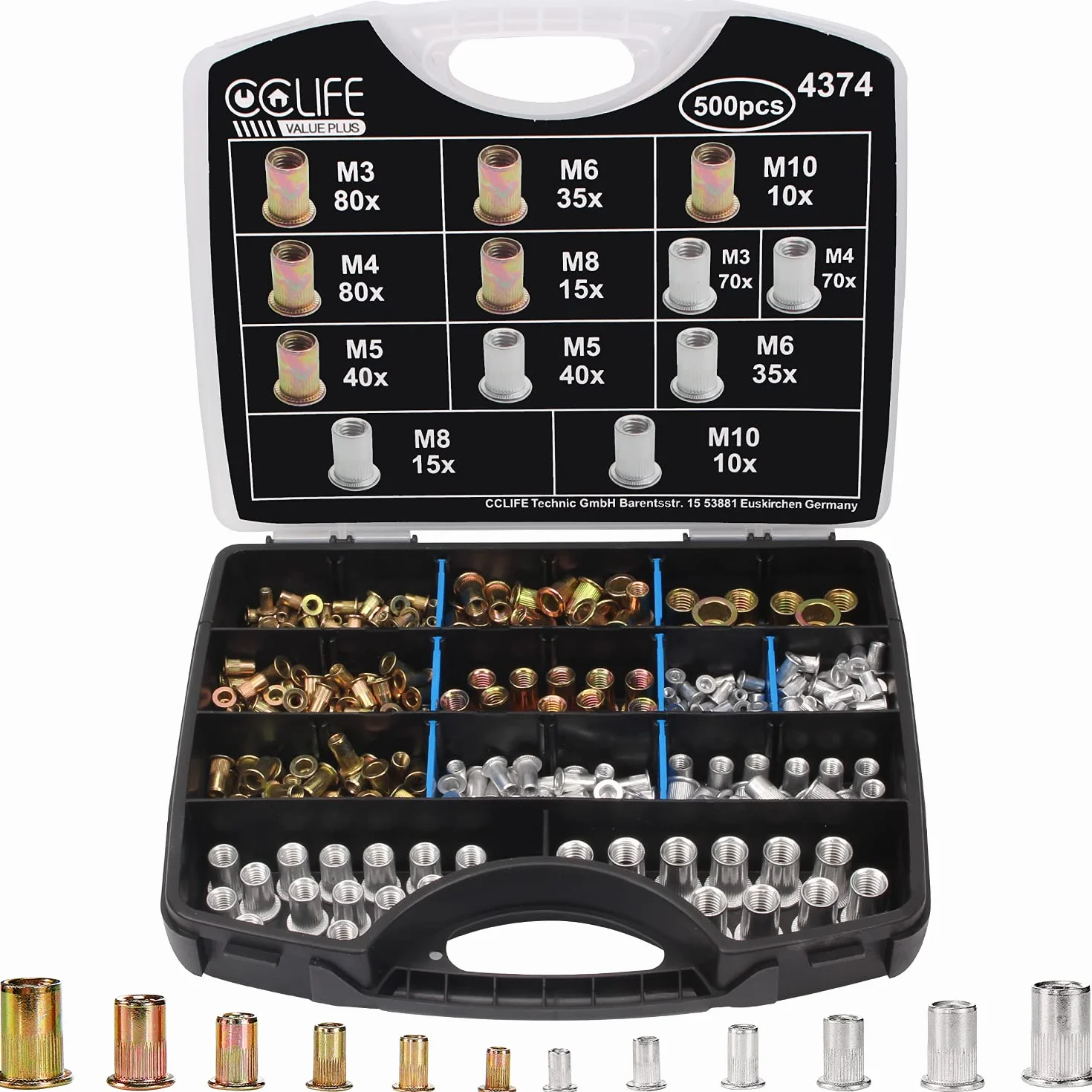 CCLIFE 500 Pezzi Rivetto Filettato in Acciaio M3 M4 M5 M6 M8 M10 Testa Piatta Dadi Rivetti con Scatola