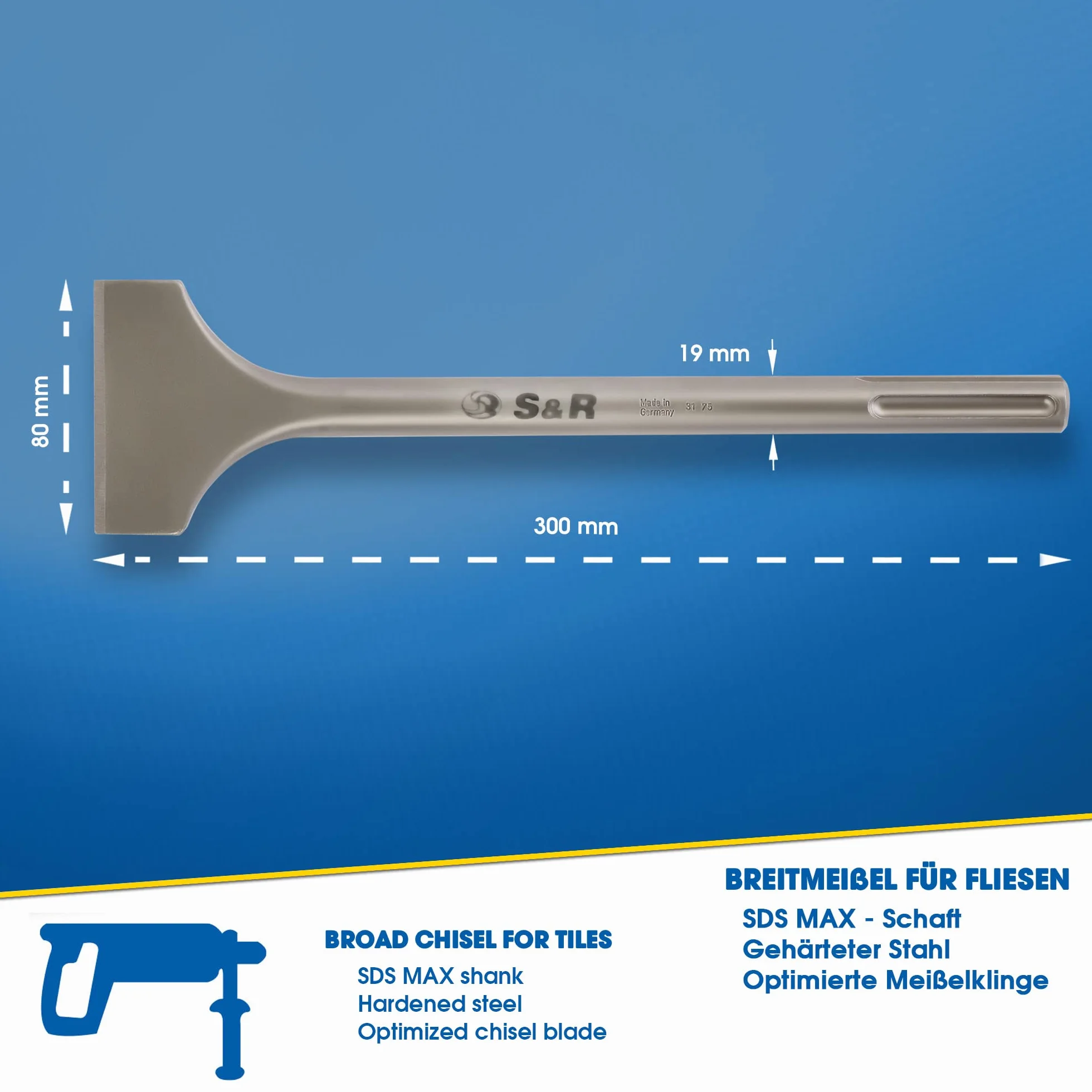 S&R Scalpello SDS MAX Largo a Spatola 300 x 80 mm Ceramica Piastrelle Muratura