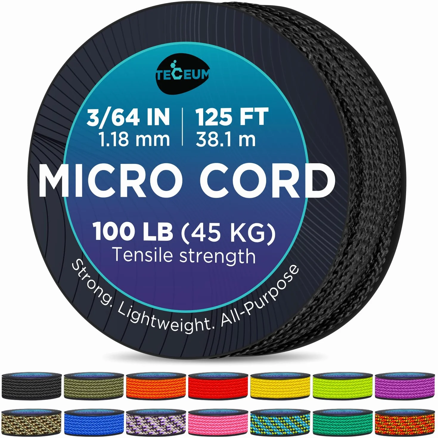 MICRO PARACORD: 1,18 mm di spessore. Colore: Nero (Black). Lunghezza - 38.1 m (125 ft). Forza di trazione: 45,35 kg. Sottile, leggera e resistente. Viene fornita su una bobina compatta e comoda