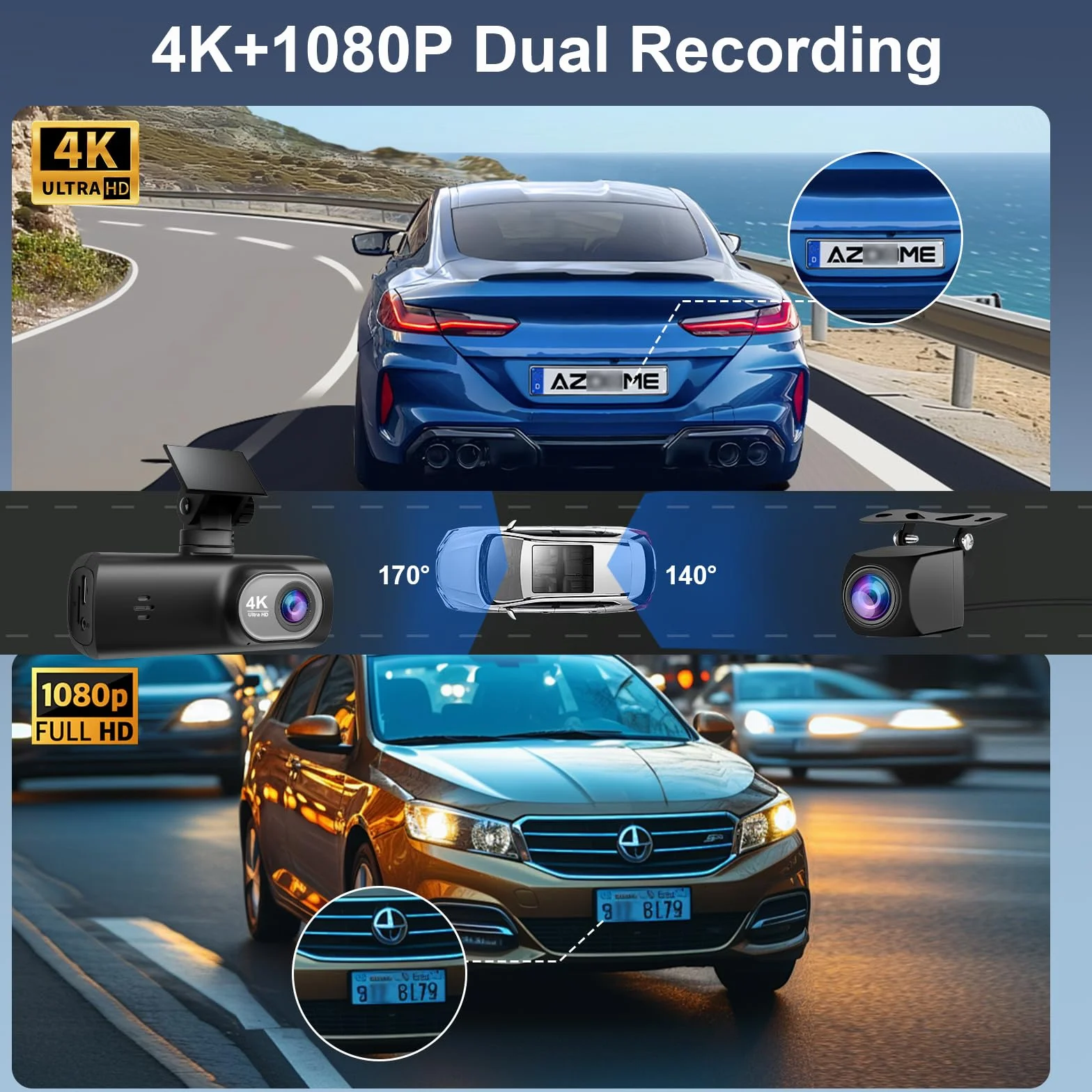 Dash Cam Auto 4k + 1080P, WiFi Dashcam Telecamera per Auto Atti Vandalici con Visione Notturna Migliorata, Sensore di Gravità, Registrazione in Loop, WDR