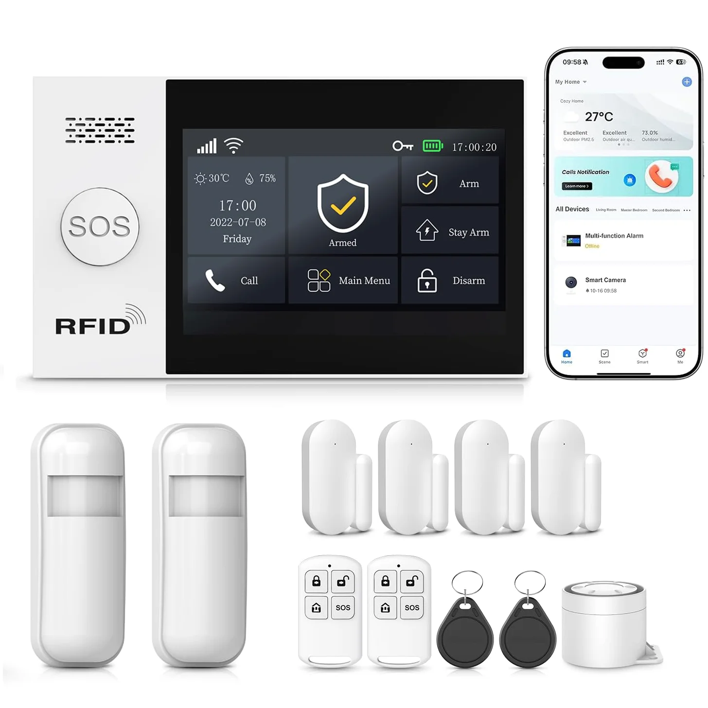LWOHSI Sistema Di Sicurezza Domestica,GSM 4G+WiFi Allarme Casa Senza Fili,Allarme Antifurto Domestico Touch Screen da 4,3",Compatibile con Alexa Google Home