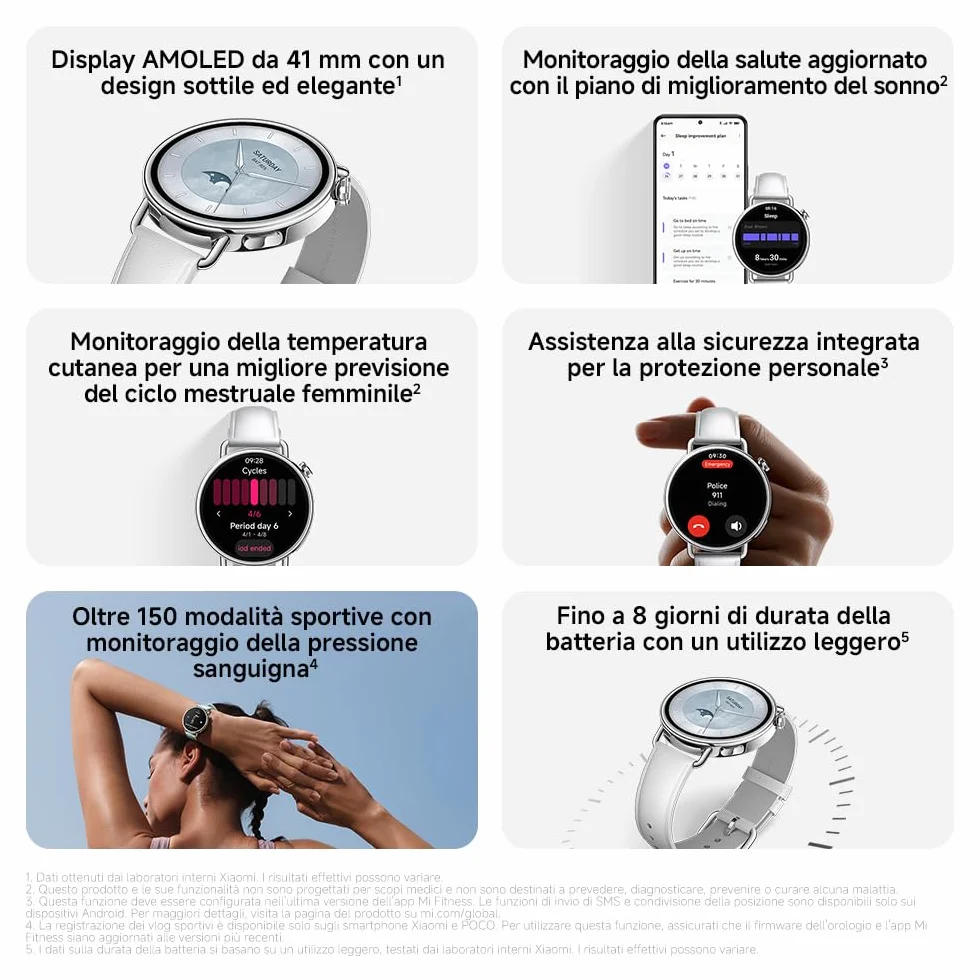 XIAOMI Watch S4 41mm: smartwatch compatto ultra-leggero da 32g, previsione ciclo, controllo della salute con un tap, 150+ modalità sportive, funzioni sicurezza, HyperOS 3, cinturino in pelle bianco