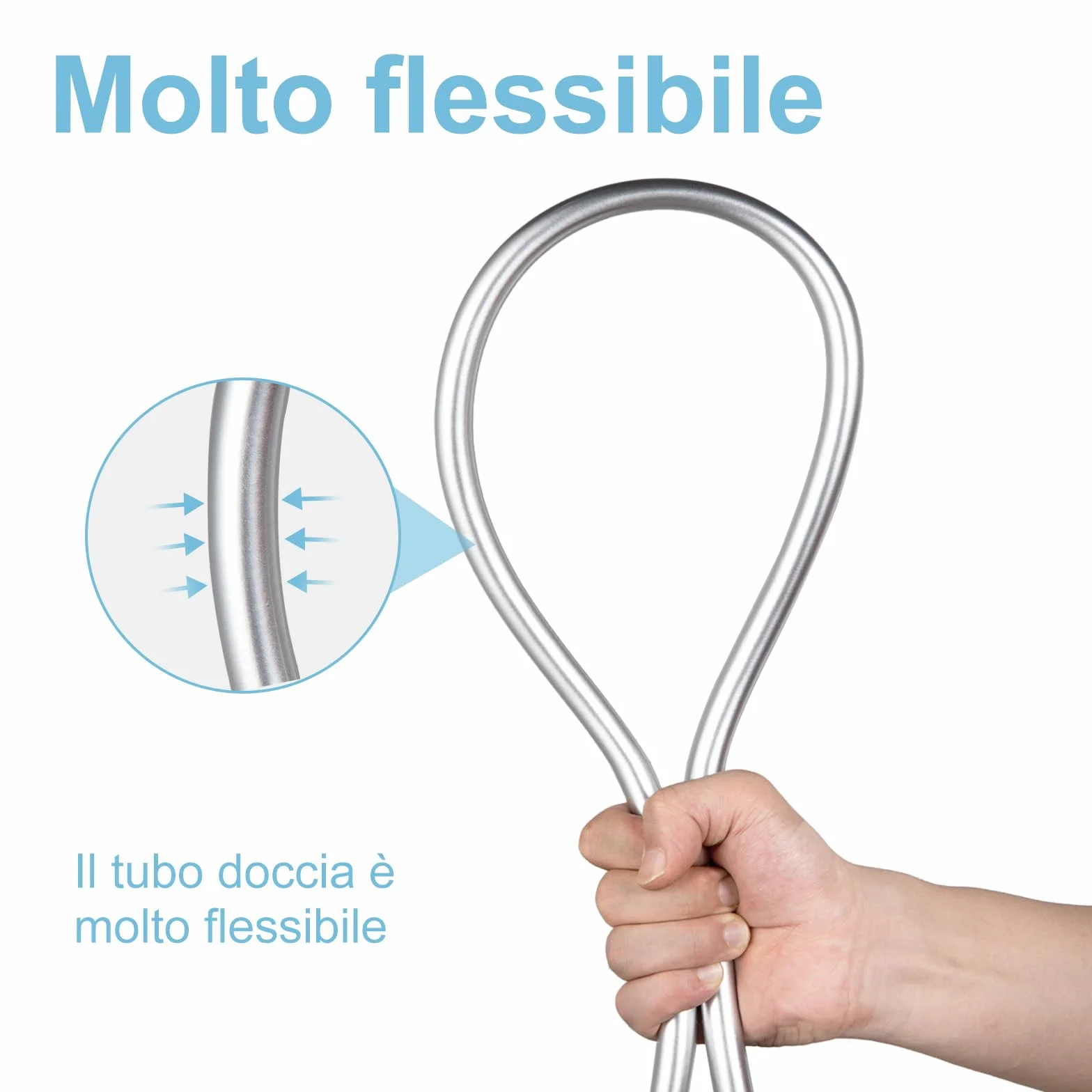 OFFO Tubo Doccia 2.5 m, con Protezione Antitorsione, Flessibile Doccia in PVC, Tubo Doccia Flessibile Alta Pressione di Ricambio, per Rubinetti del Bagno, Argento