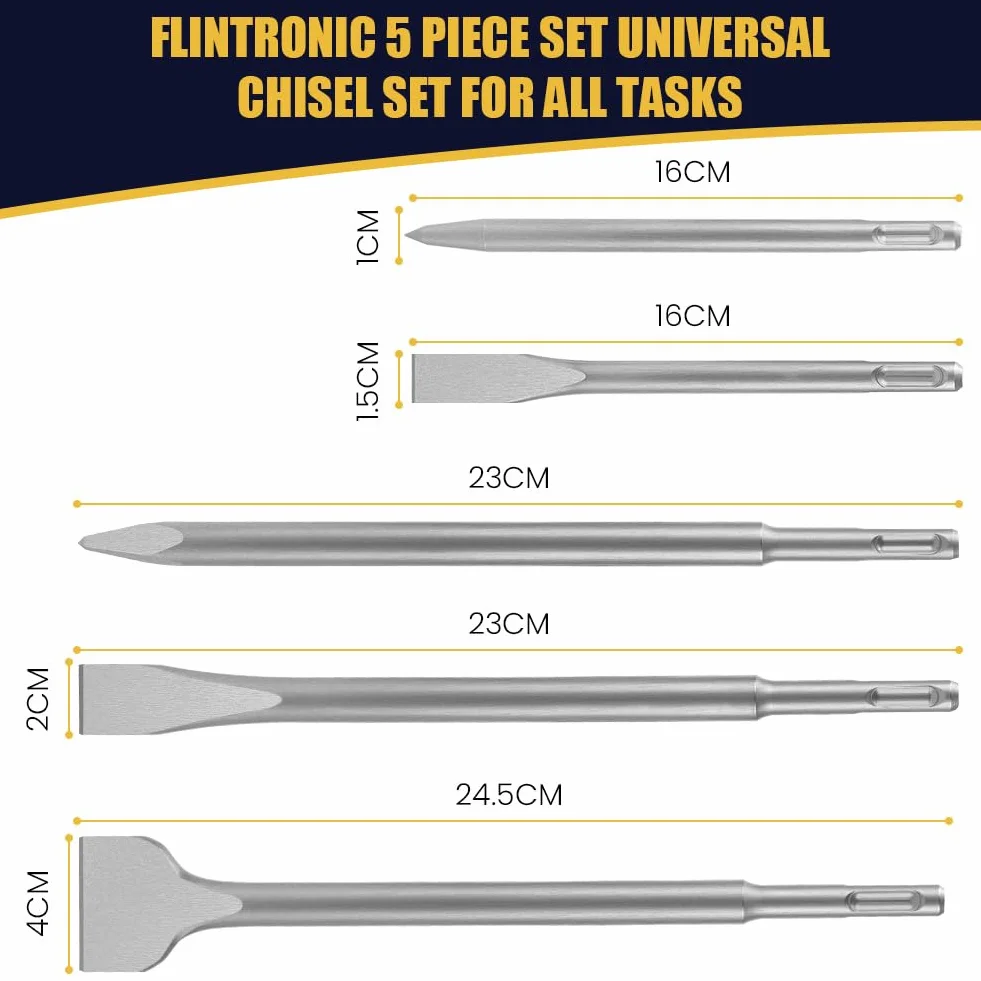 Flintronic Set di 5 scalpelli SDS Plus, 2 a punta e 3 piatti, per calcestruzzo e piastrelle