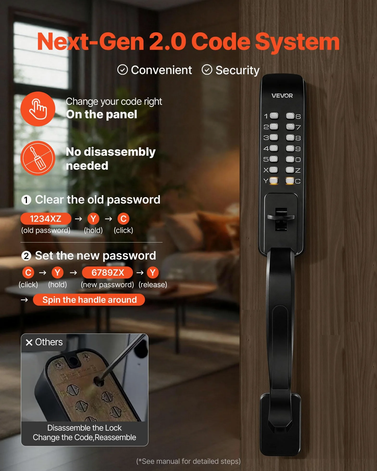 VEVOR Serratura Meccanica a Combinazione per Porte con Tastiera Bifacciale Codice da 4-7 Cifre con Manico, Serratura Senza Chiave a Combinazione Porte d'Ingresso, Giardino, Cancello, Nero