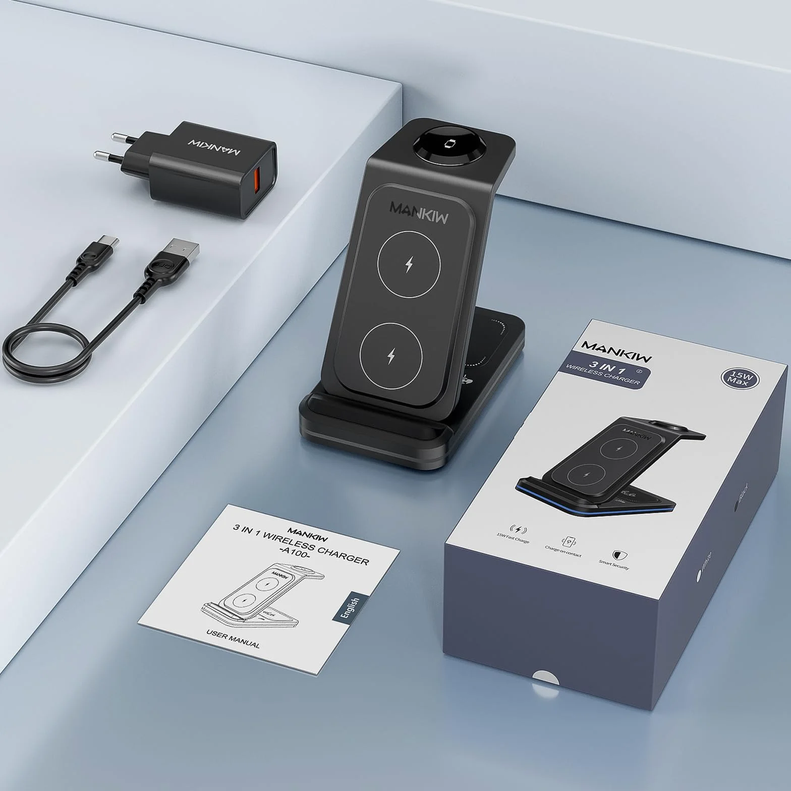 3 in 1 Stazione Ricarica per iPhone 17/16/15/14/13/12/XS/X/8 serie,MANKIW Caricabatterie Wireless per i-Watch 11-2 serie, per Air Pods 3/4/Pro 2