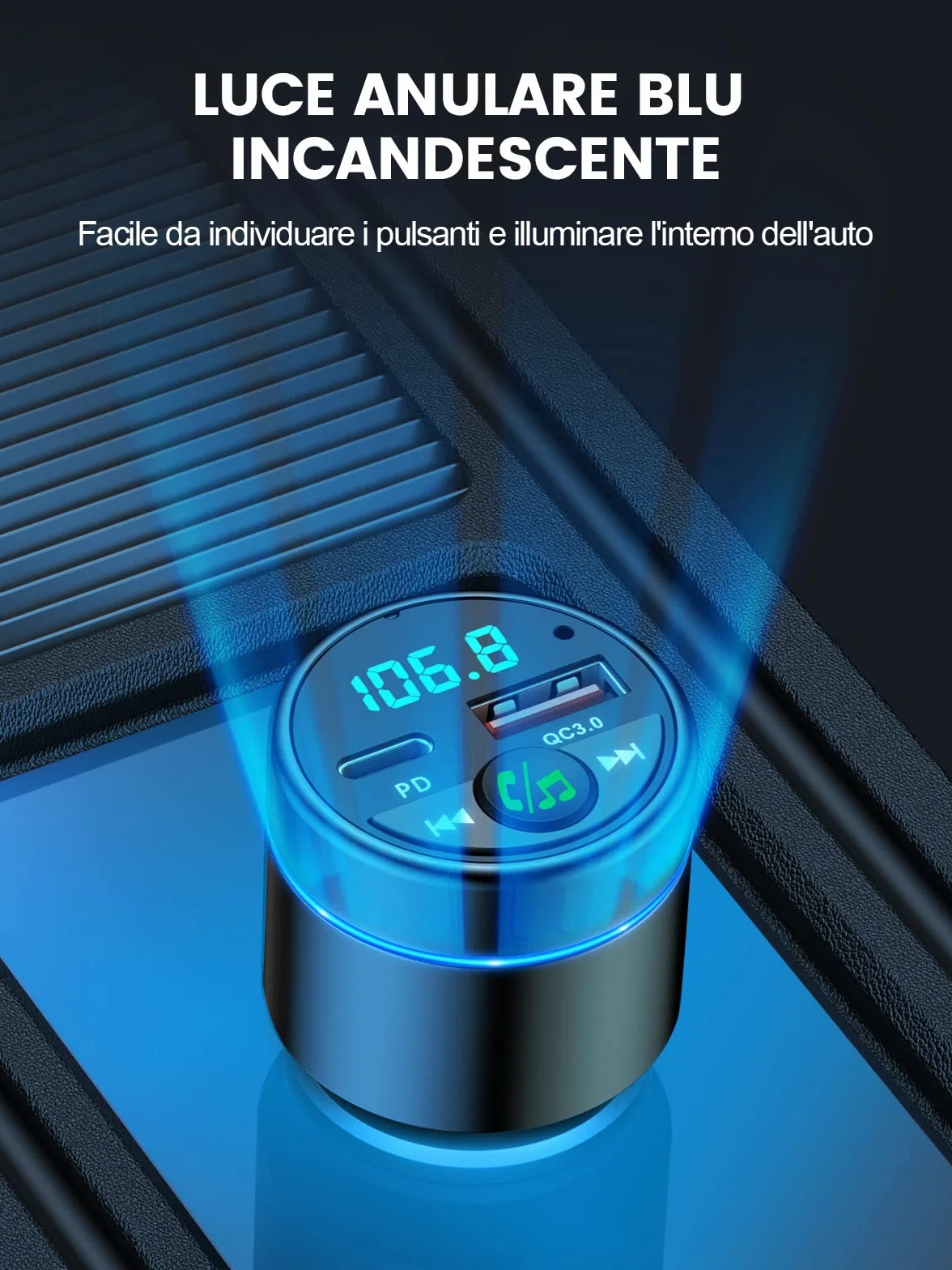 Mohard [Carcassa in Metallo] Bluetooth 5.3 Auto Trasmettitore FM, PD 30W & QC3.0 18W Ricarica Rapida Adattatore Bluetooth Auto Accendisigari, Amplificatori Multicanale Musica Hi-Fi & Chiamate Vivavoce