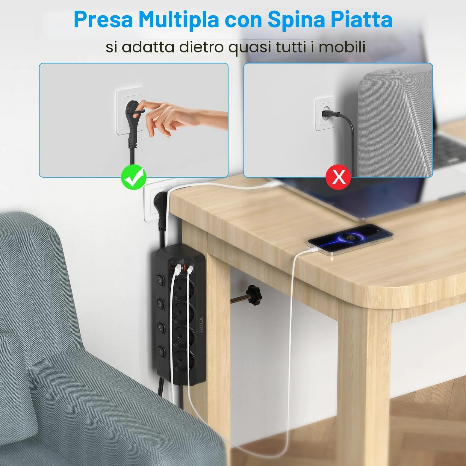 Multipresa 4000W con Protezione da Sovratensioni, Ciabatta Elettrica da Scrivania con Ricarica Rapida USB-C PD20W, Presa con 4 Interruttori Indipendenti, Ciabatta e Dispositivo di Fissaggio, Cavo 2M
