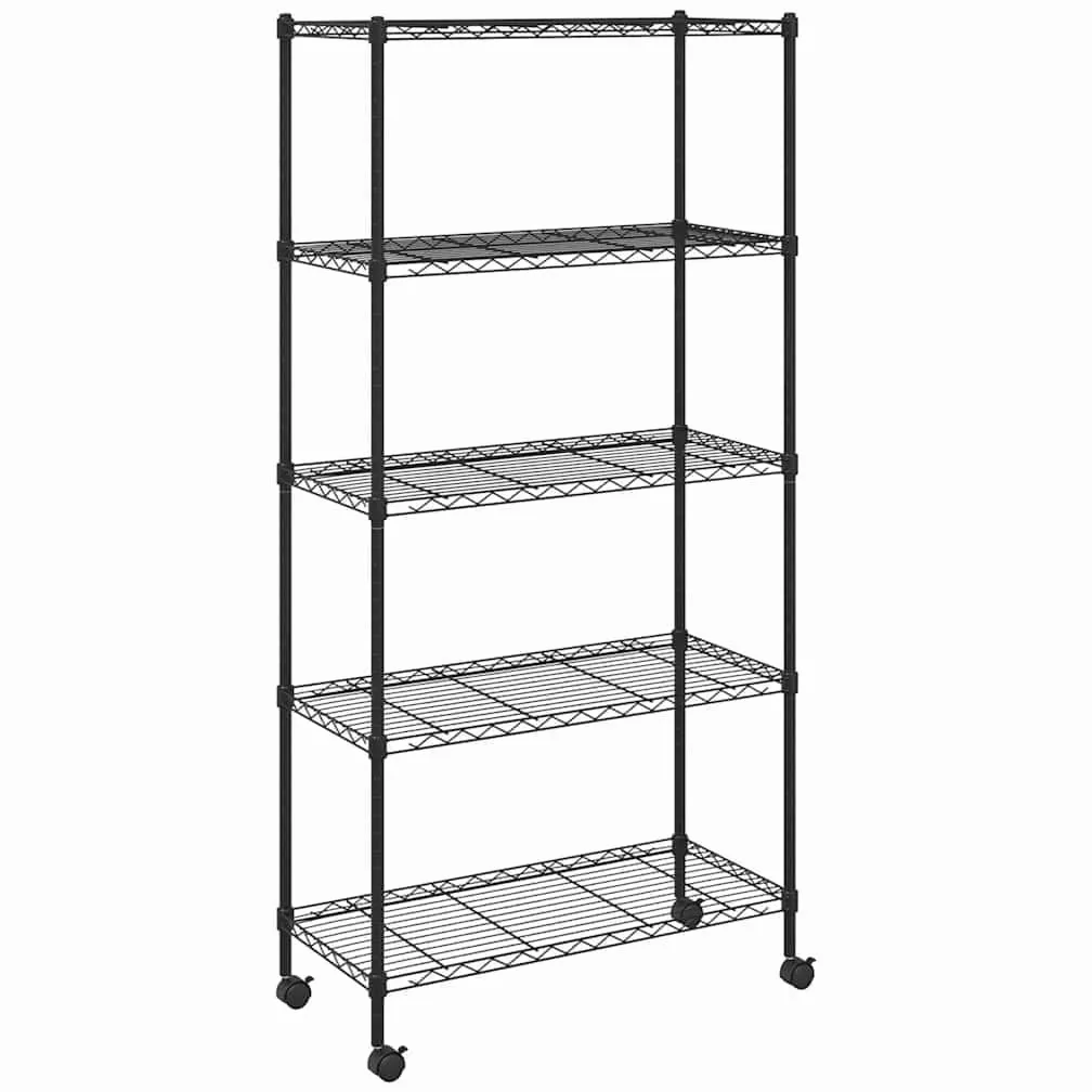 Scaffale in ferro nero con ripiani a griglia e 4 ruote, versatile per cucina, bagno, ufficio, cantina o officina