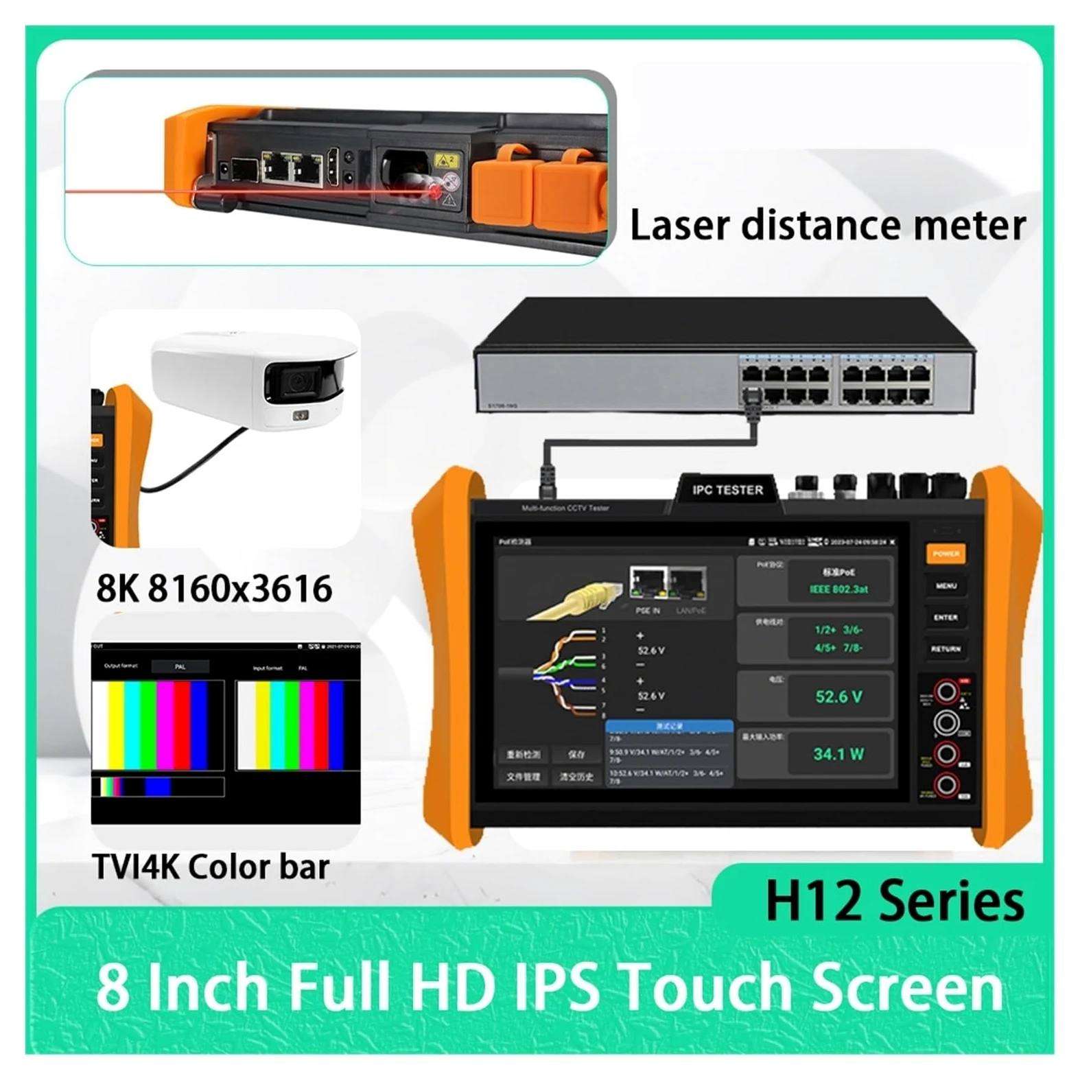 CCTV Tester, Tester CCTV For Telecamere Analogiche IP 8K E 8MP 4K HDMI Gigabit LAN PoE++ H12 Cavo Di Rete TDR Rilevamento Tensione Tracciatura Cavi