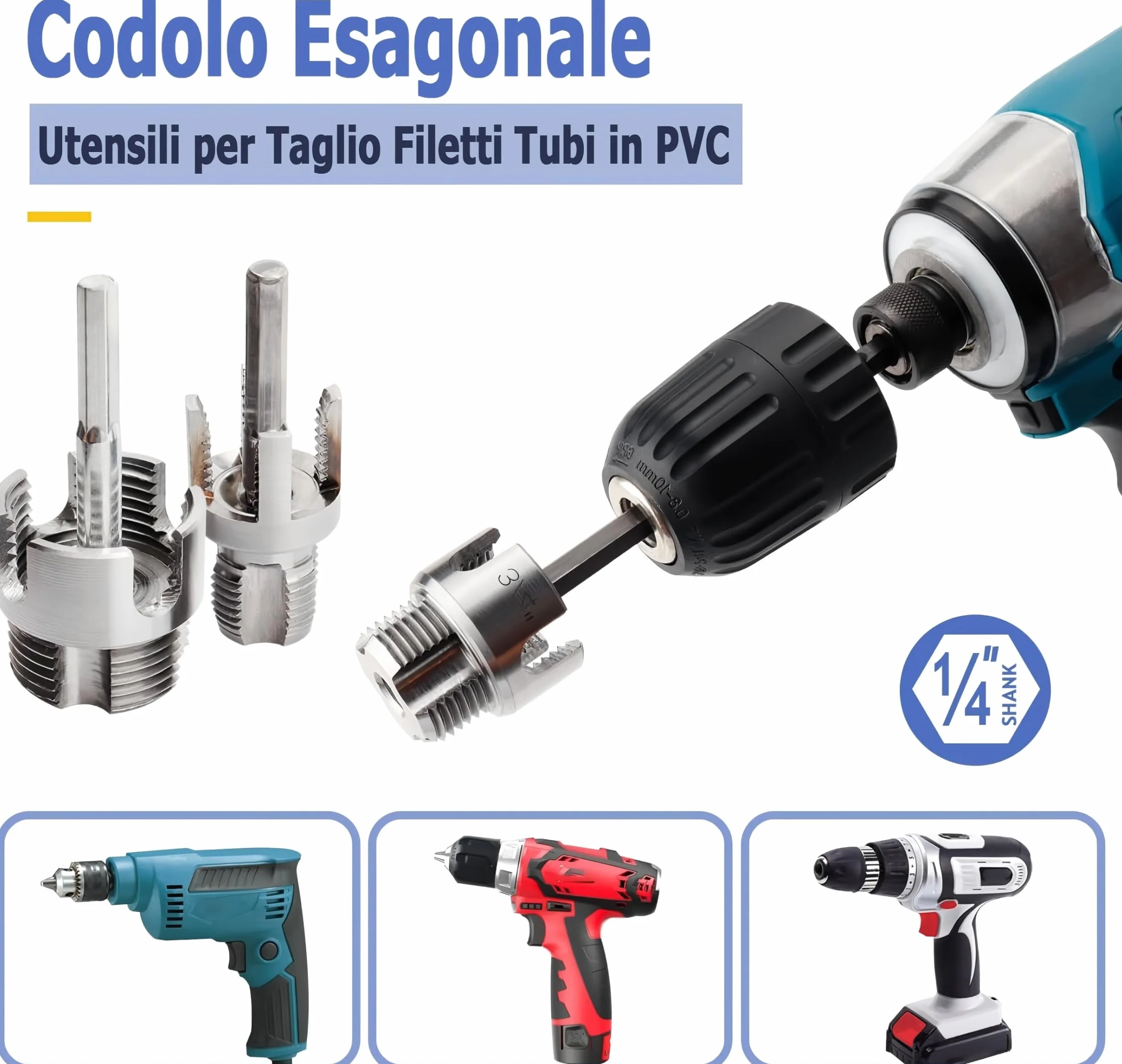 Mesee Kit per Filettatura Tubi PVC, Strumento Filettatura Interna ed Esterna, Compatibile Trapano Elettrico, 1/2"-1" PVC/PPR