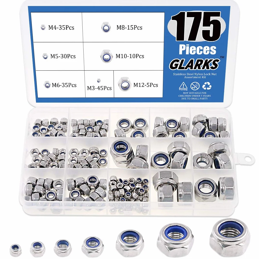 Glarks 175PCS metrica in acciaio INOX 304 dado di bloccaggio in nylon kit assortimento M3 M4 M5 M6 M8 M10 M12