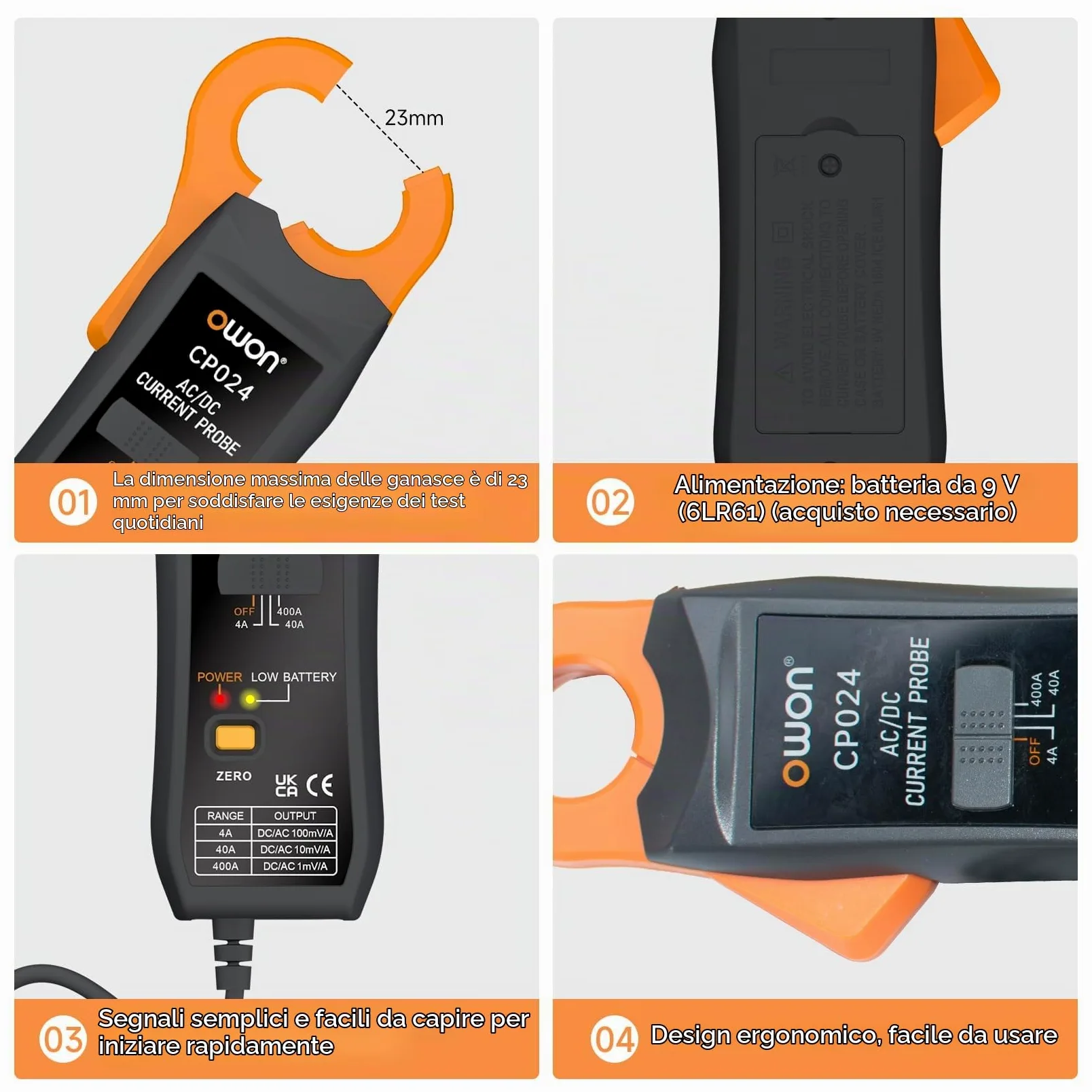 OWON CP024 Sonda a pinza amperometrica AC/DC per oscilloscopio, pinza amperometrica per tester di corrente 200 KHz Larghezza di banda 1 mV/10 mA 400 A Correzione dello zero relativo con connettore BNC