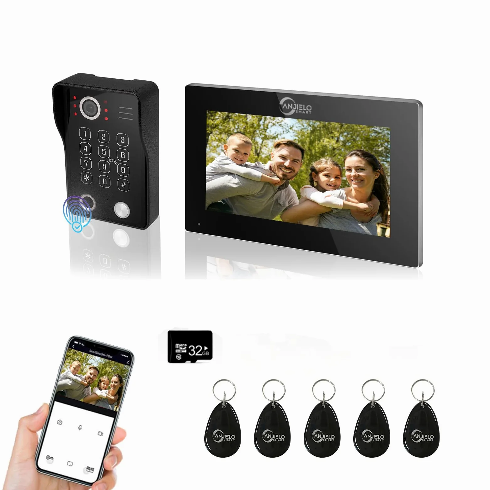 ANJIELO SMART Videocitofono, display touch screen da 7 pollici con sistema telefonico 1080P integrato, sblocco con impronte digitali, scheda RFID e codice PIN e rilevamento dei movimenti umani, 94218