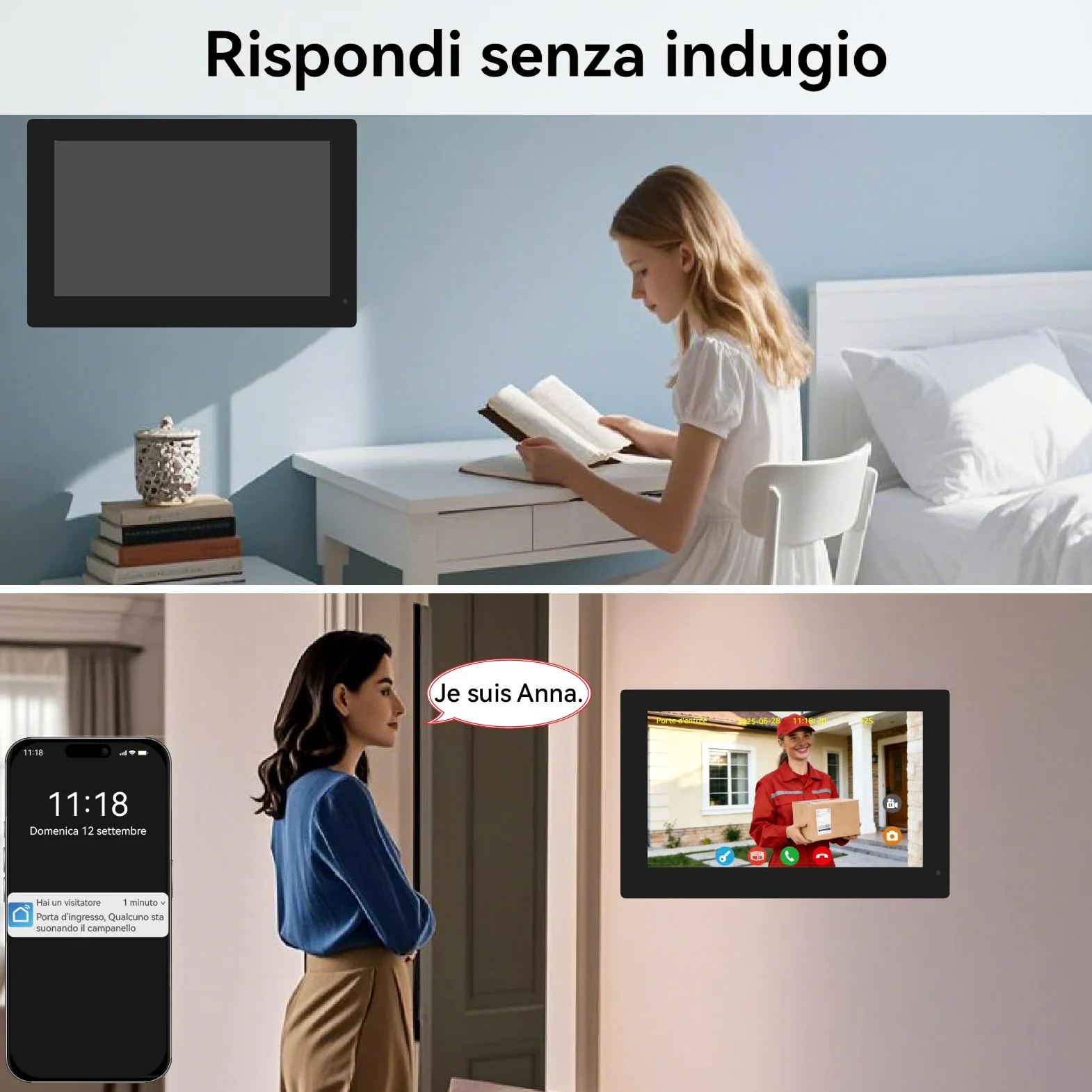 Sistema Videocitofonico Domestico Intelligente, videocitofono cablato con 2 Schermi da 7 pollici, Sblocco Remota, Audio Bidirezionale, RFID, visione notturna,per 2Famiglie