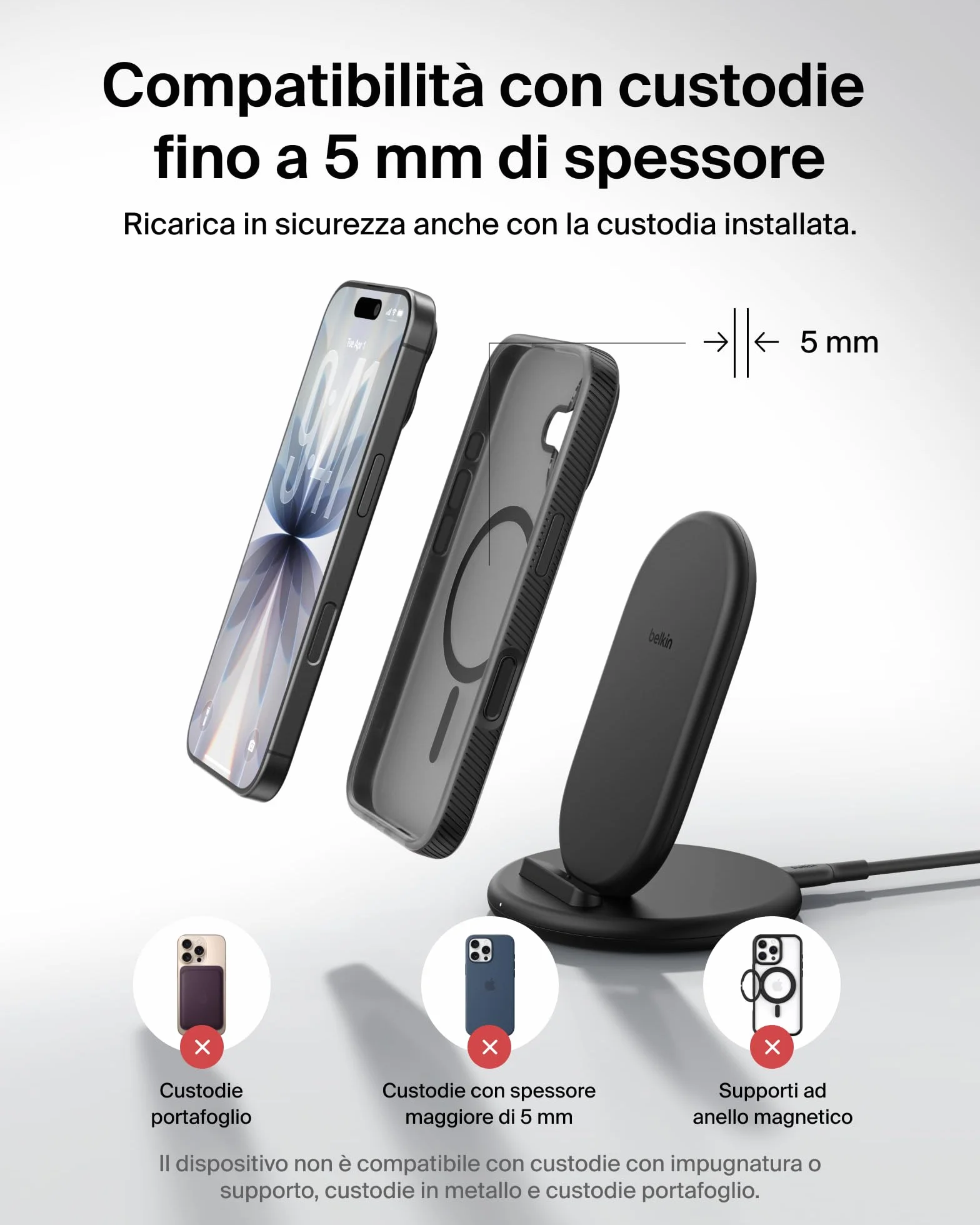 Belkin BoostCharge Caricatore Wireless, Supporto Ricarica Compatibile con Custodie per Telefono, Ricarica Wireless per iPhone, Samsung Galaxy, Google Pixel, Cavo Inclusi, Nero