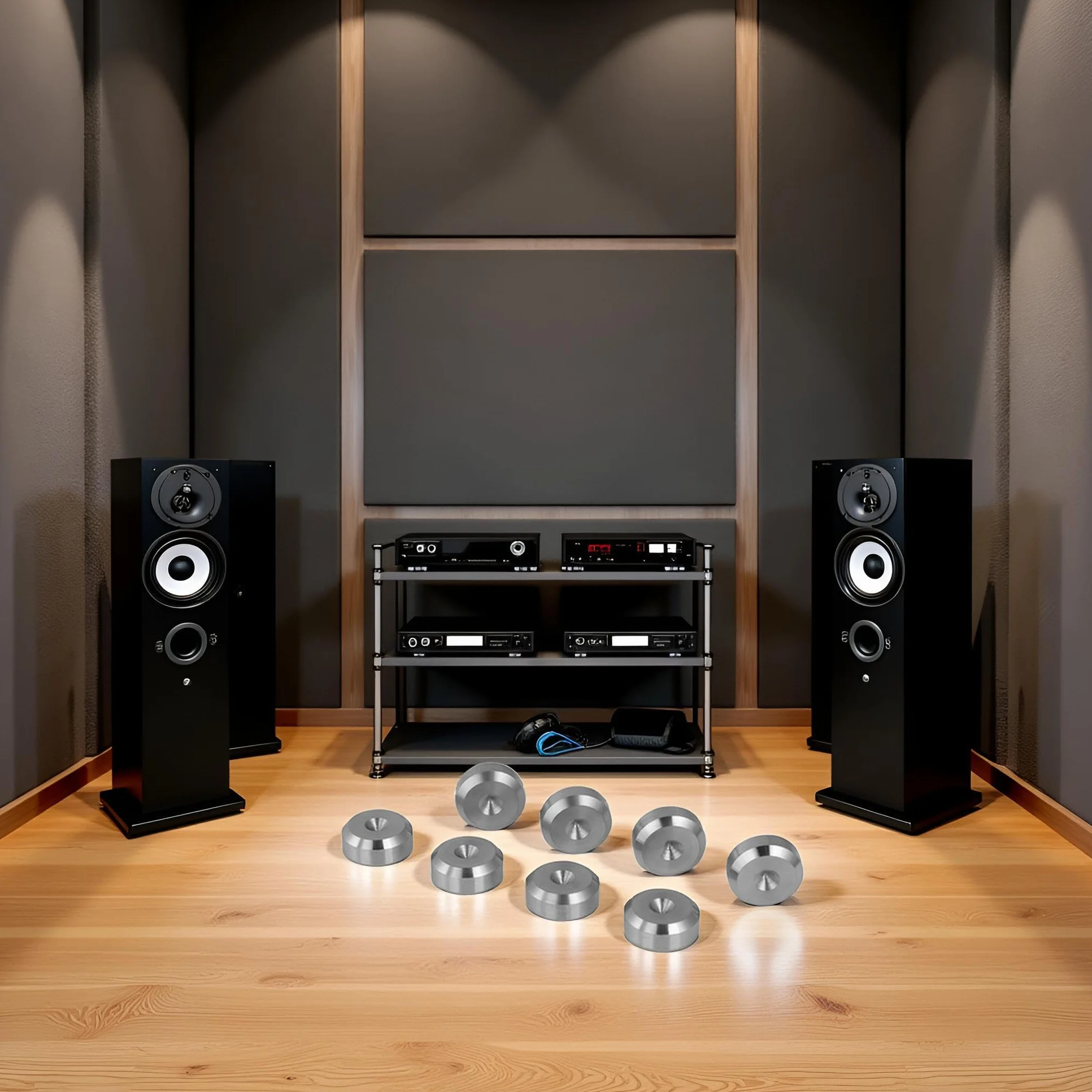 PrecisionGeek Cuscinetti per altoparlanti Ø 16 mm, forma smussata, in acciaio inox massiccio, ammortizzatori di vibrazioni per altoparlanti HiFi, subwoofer, armadi, supporti e soundbar, set da 8 pezzi