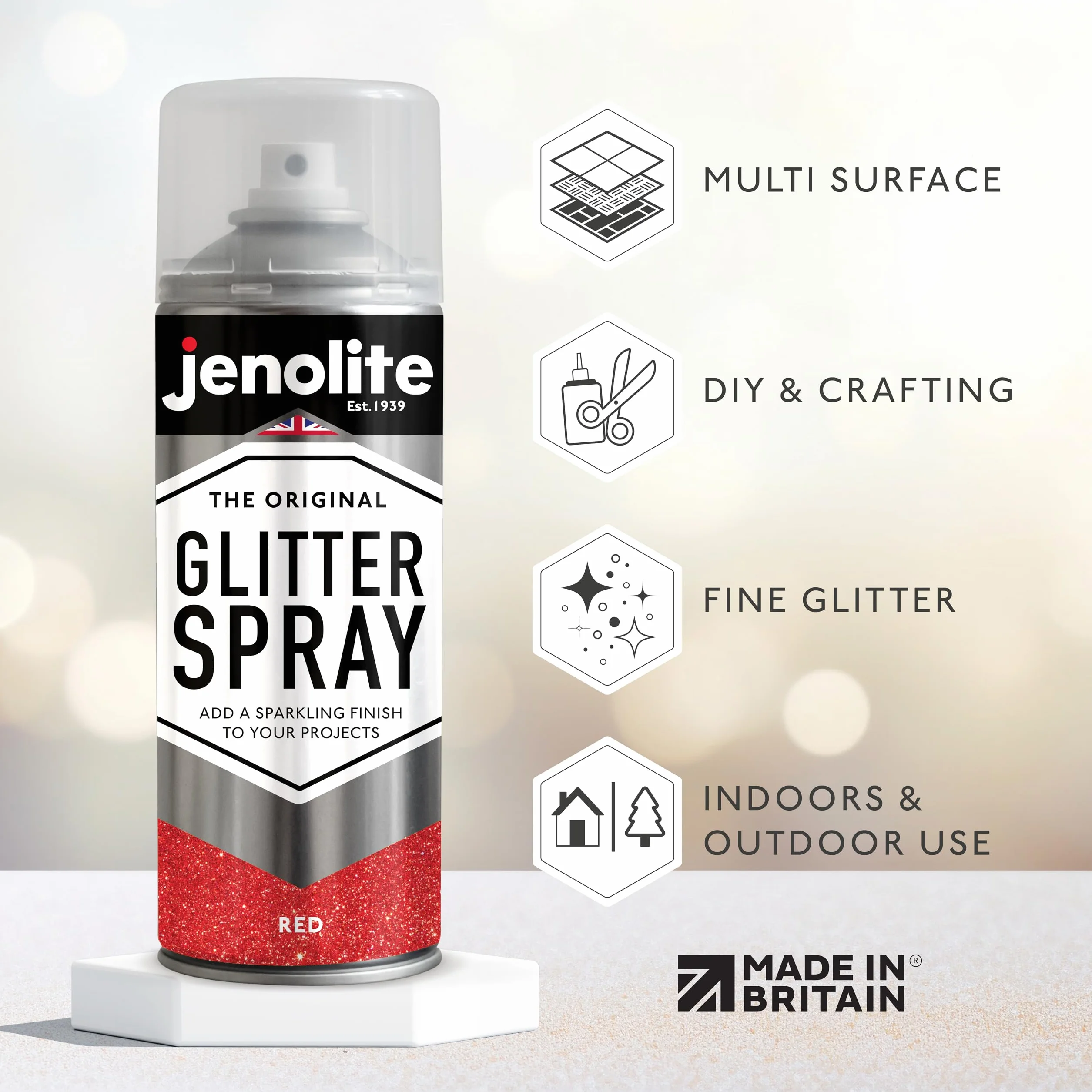 JENOLITE Vernice spray glitterata | ROSSO | 3 x 400ml | Vernice spray glitterata multisuperficie | Ideale per progetti artistici: perfetto per cornici, specchi, ornamenti e artigianato