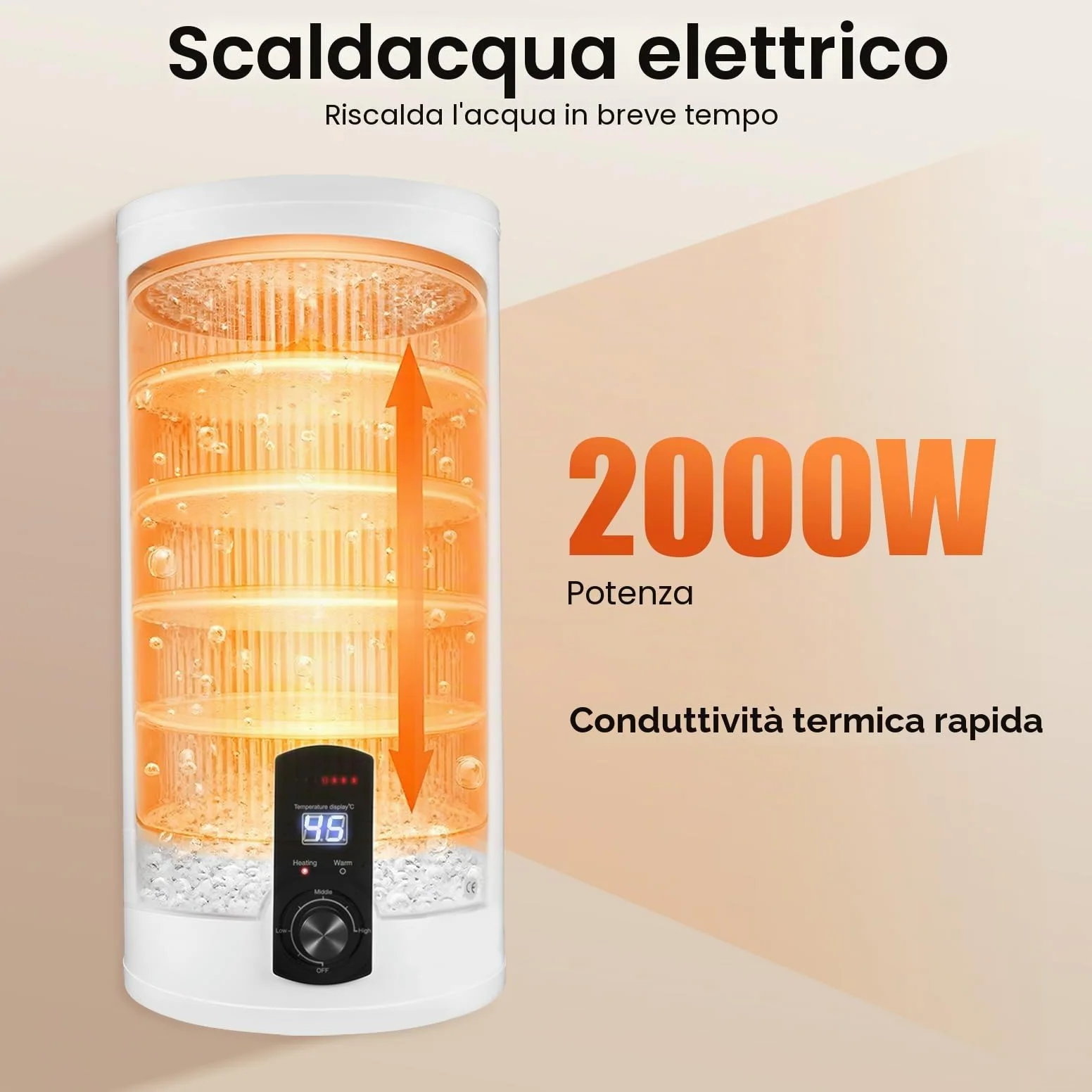Scaldacqua istantaneo con serbatoio da 80 litri, scaldabagno elettrico con rubinetto e doccetta, dispositivo con contenitore interno smaltato, scaldabagno digitale con indicatore LED per bagno