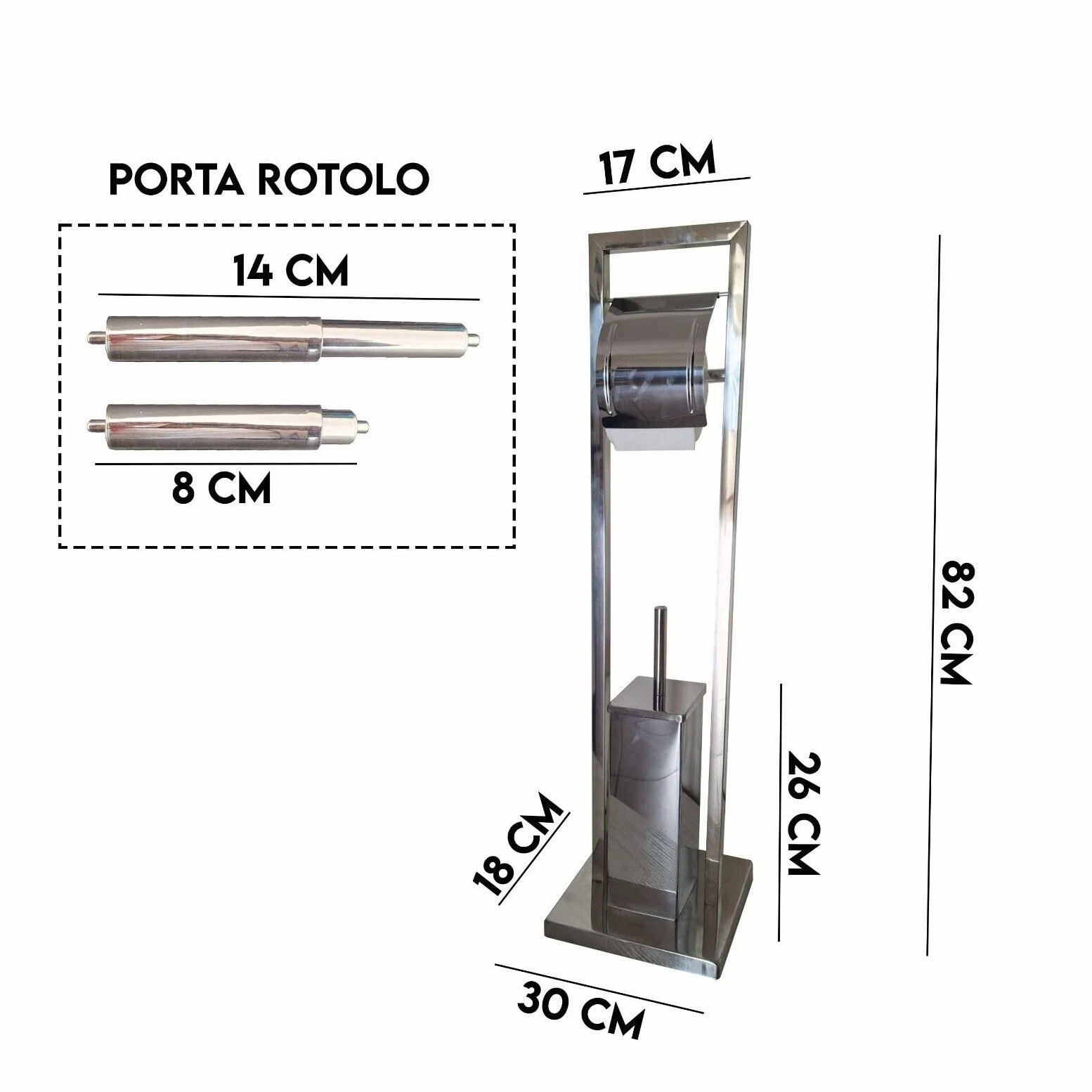 MAKA Portasciugamani da Terra in Metallo Argento Cromato Lucido Piantana da Bagno Con Bracci Portarotolo Carta Igienica Porta Scopino Toilette Moderno Regolabile Alluminio (Rotolo-Scopino)