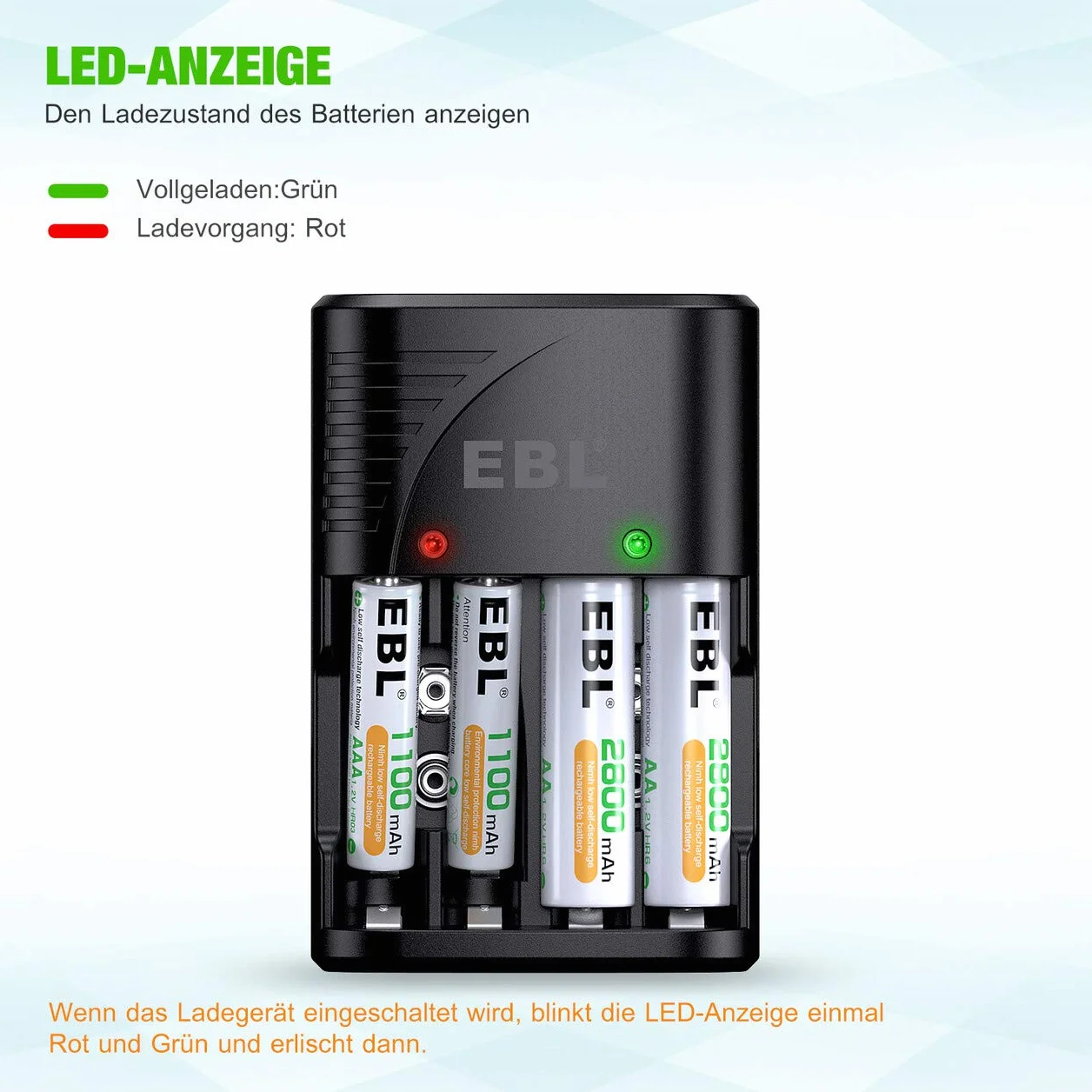 EBL Plug Caricabatterie Universale per AA e AAA 9V Ni-MH Batterie Ricaricabili, Carica Rapida, Indicatori LED Intelligenti