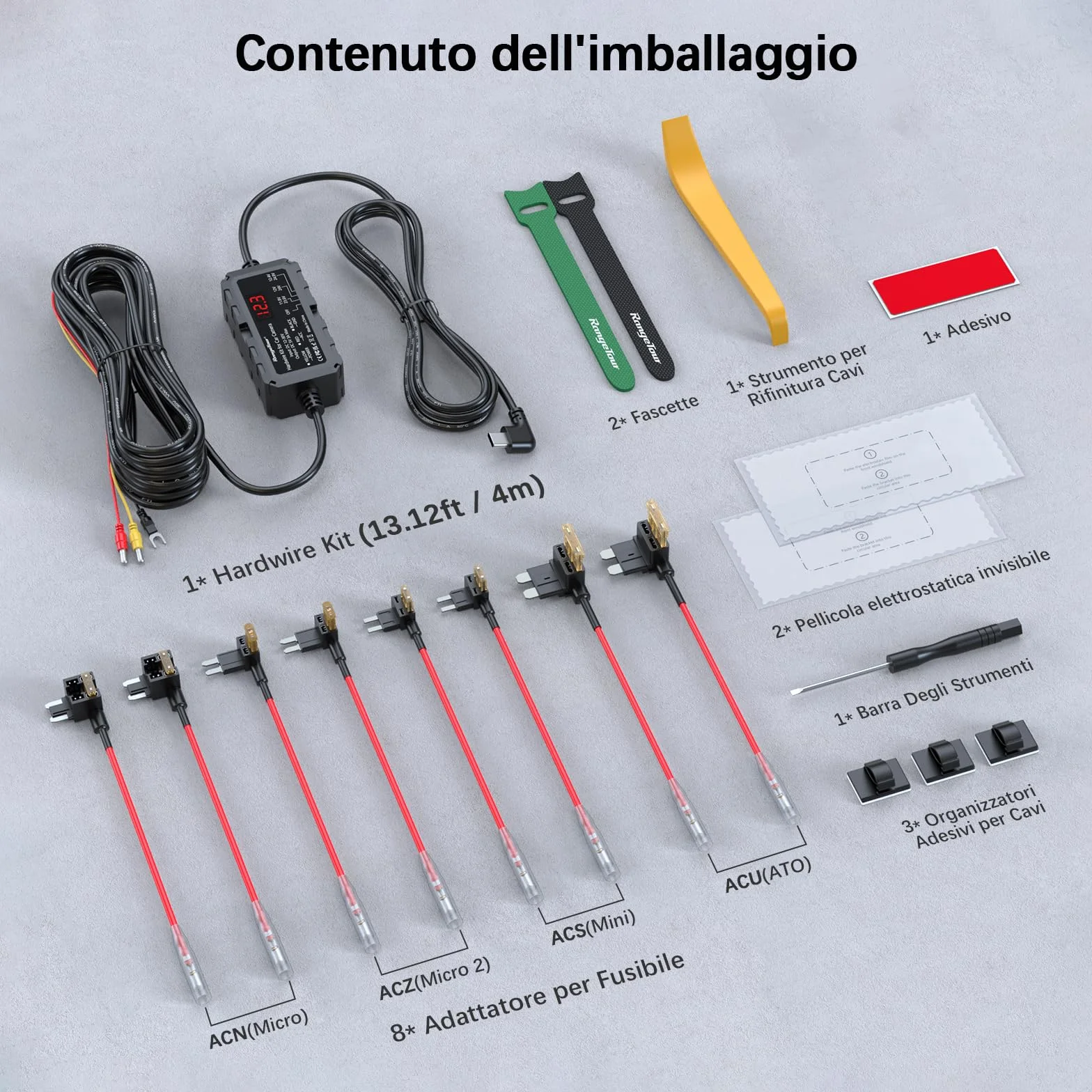 Kit Cablaggio USB-C con Schermo LED, 12V-32V a 5V 3A Auto Cavo di Ricarica Kit 4m 3-Core con Protezione Regolabile a Bassa Tensione, Dash Cam Hardwire Kit Monitoraggio Parcheggio 24 Ore