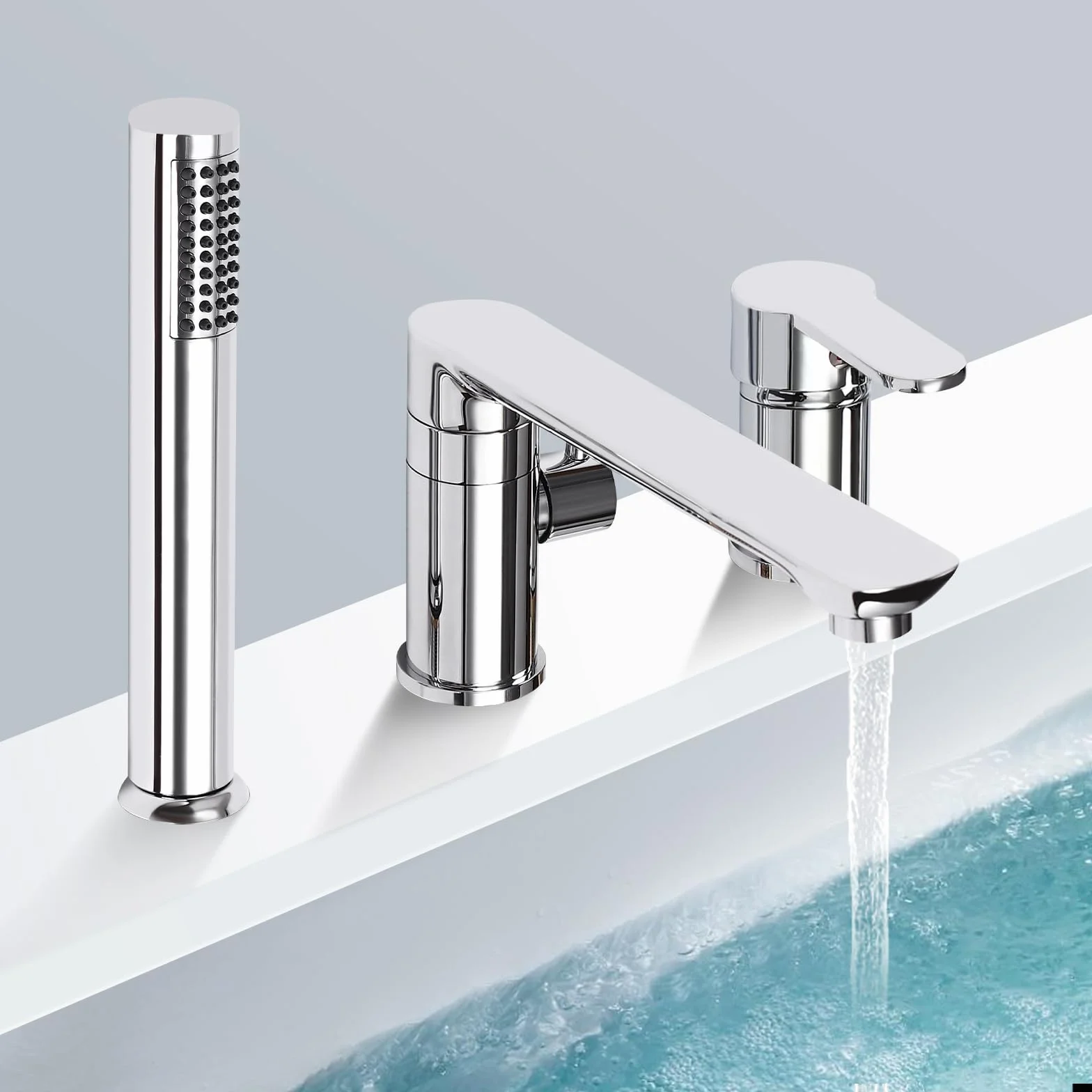 Rubinetto per vasca da bagno a 3 fori con maniglia singola, rubinetteria da bordo vasca con doccetta estraibile e ugello di uscita dell'acqua girevole a 360°, set di rubinetteria per bordo vasca da