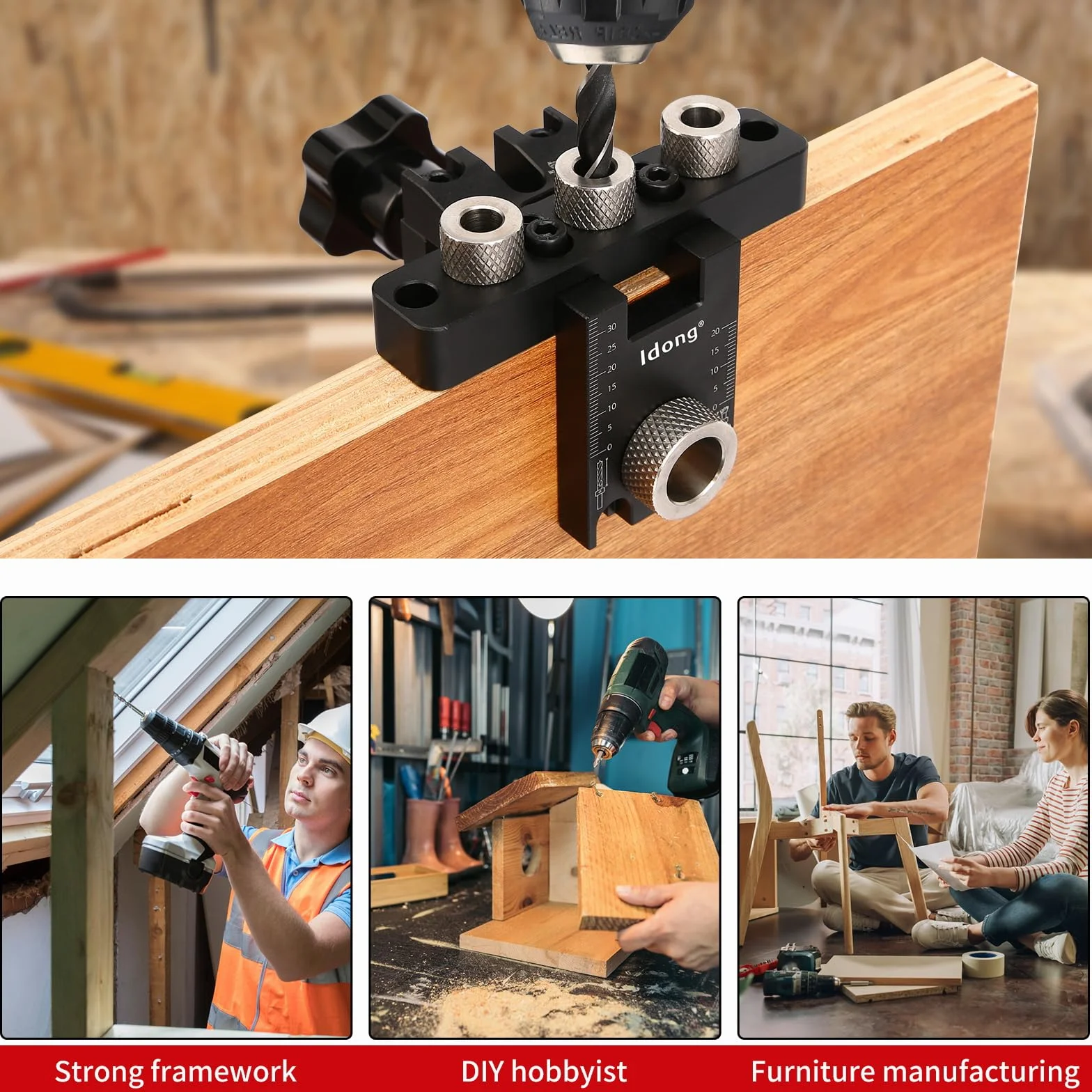 Idong 8/10/15mm Dima per Spinatura Legno 3 in 1 Fori a Tasca Kit Guida Trapano con Clip Regolabile