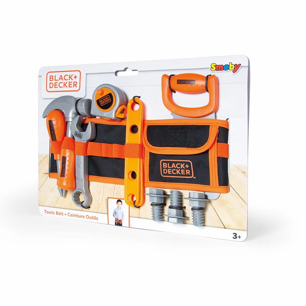 Smoby - Black+Decker - Cintura portautensili - Cinghia regolabile - 14 accessori - Sega, cacciavite, chiave combinata, metro a nastro, viti, righelli, dadi - Dai 3 anni