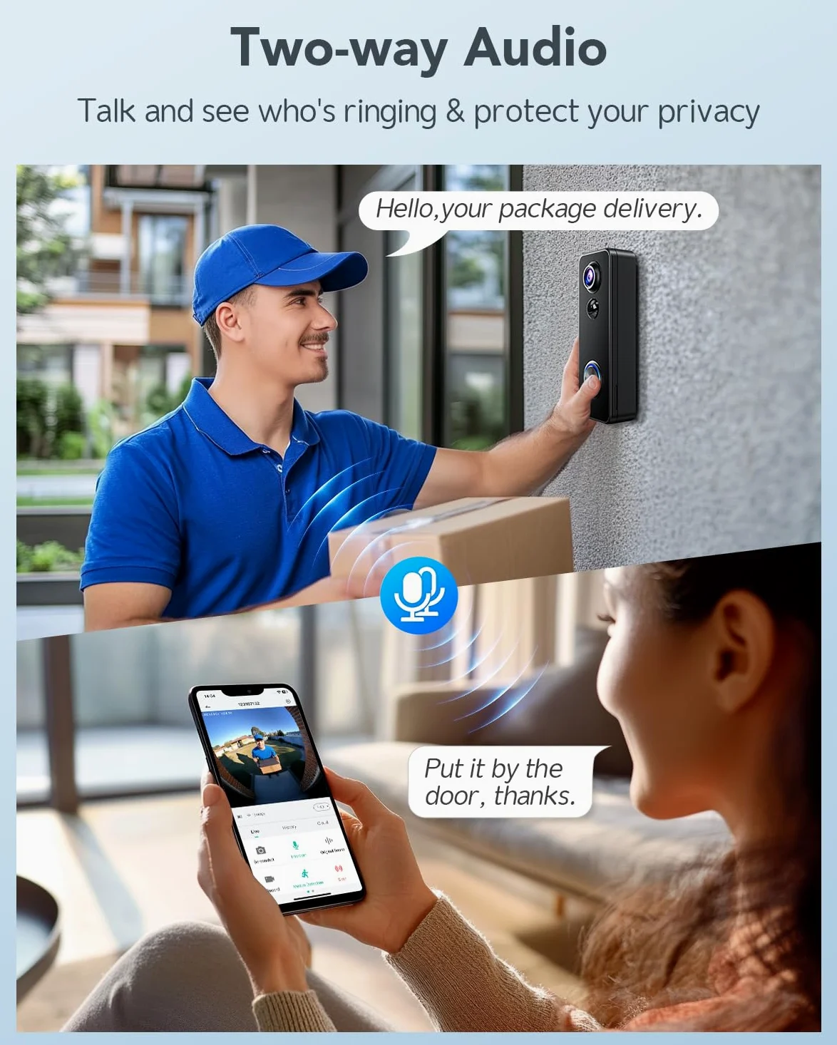 XTU Videocitofono wireless, 2K HD, con campanello intelligente per porta, vista dalla testa ai piedi, funzionamento a batteria, rilevamento del movimento PIR, visione notturna, audio a 2 vie, scheda