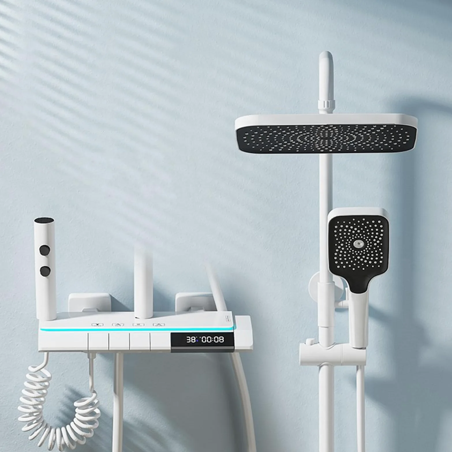 Set Doccia con Rubinetto termostatico con Display Digitale, 4 funzioni, con soffione da 12", doccetta, doccetta per Bidet, beccuccio per Vasca