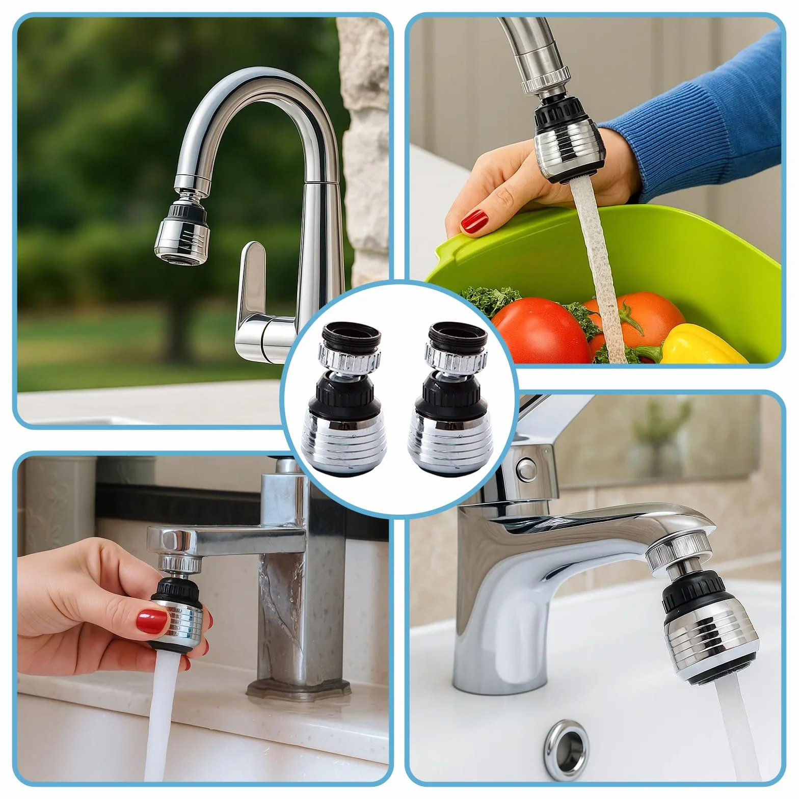 Aeratore per rubinetto 2 pezzi regolatore girevole 360° risparmio acqua con adattatori